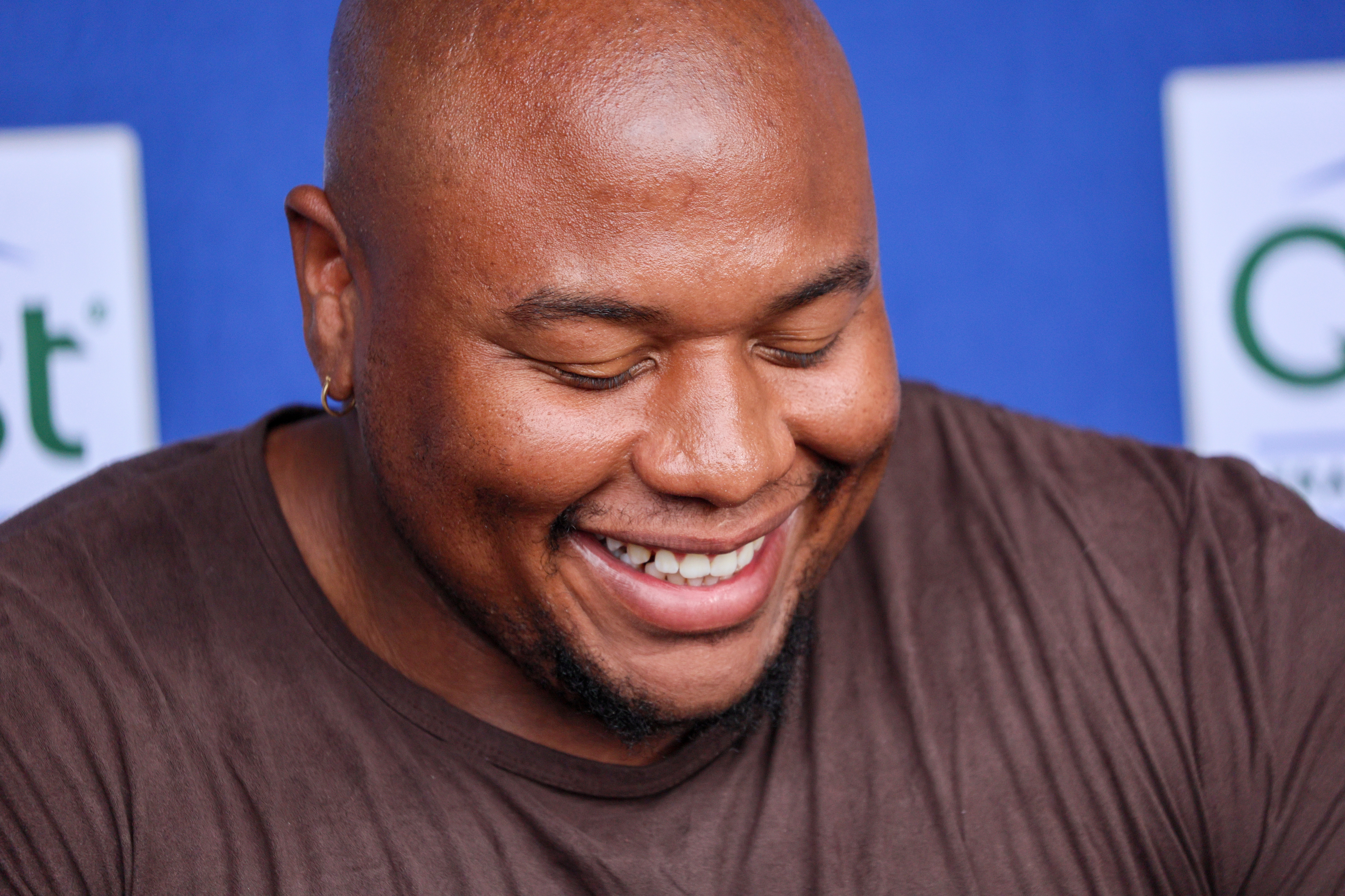 NFC defensive tackle Dexter Lawrence (97) of the New York Giants films a  Blue Man during the flag football event at the NFL Pro Bowl, Sunday, Feb.  5, 2023, in Las Vegas. (