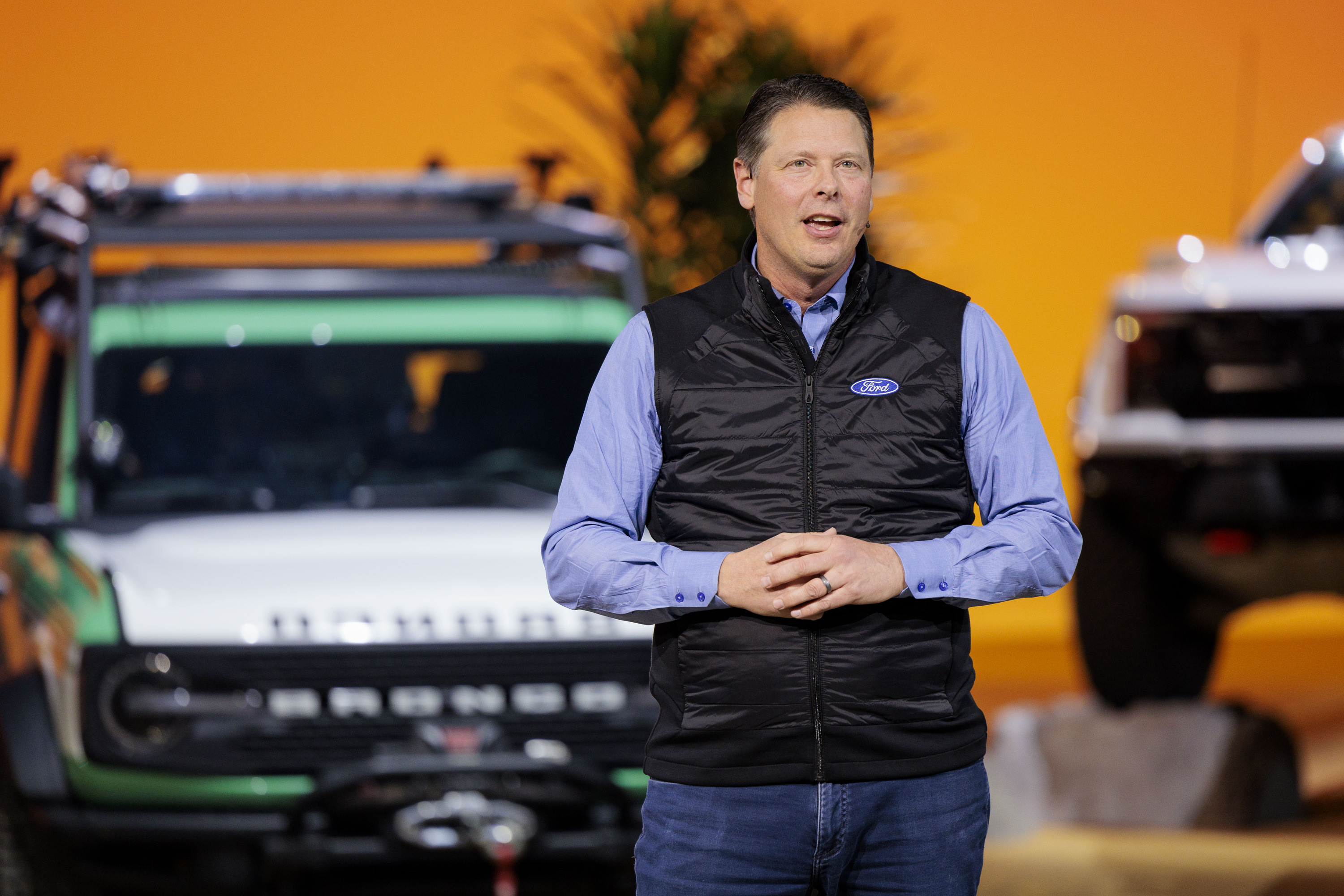 Andrew Frick, President of Ford Blue and Ford Model e, speaks during a Ford Motor Company event ahead of the Detroit Auto Show at Huntinton Place in Detroit on Tuesday, Jan. 13 2026.