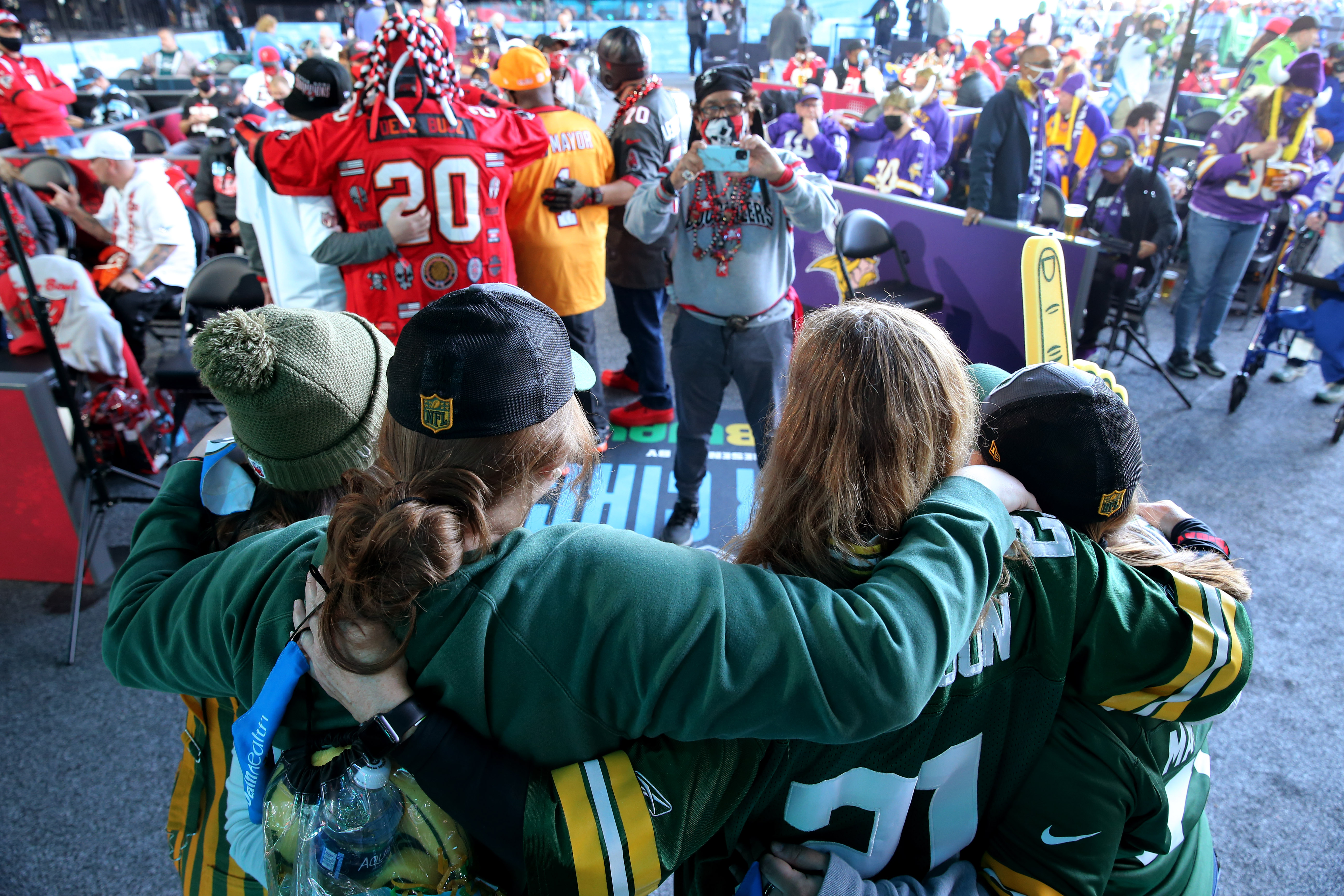 NFL jerseys and team costumes seen in downtown Cleveland during