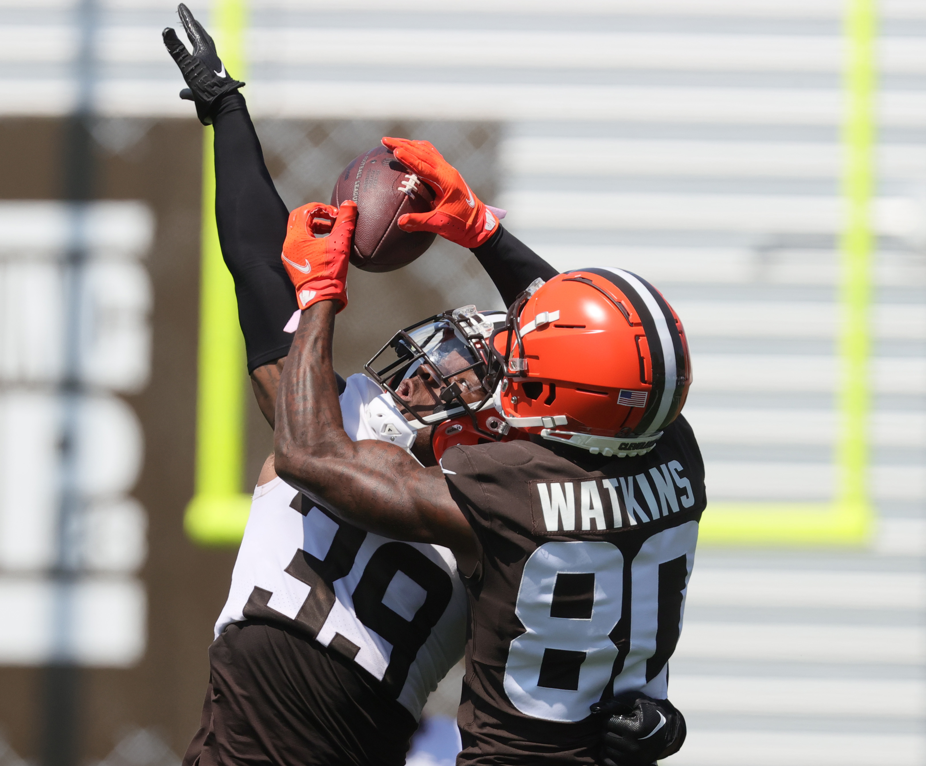 Cleveland Browns cornerback Caleb Biggers runs the ball during an