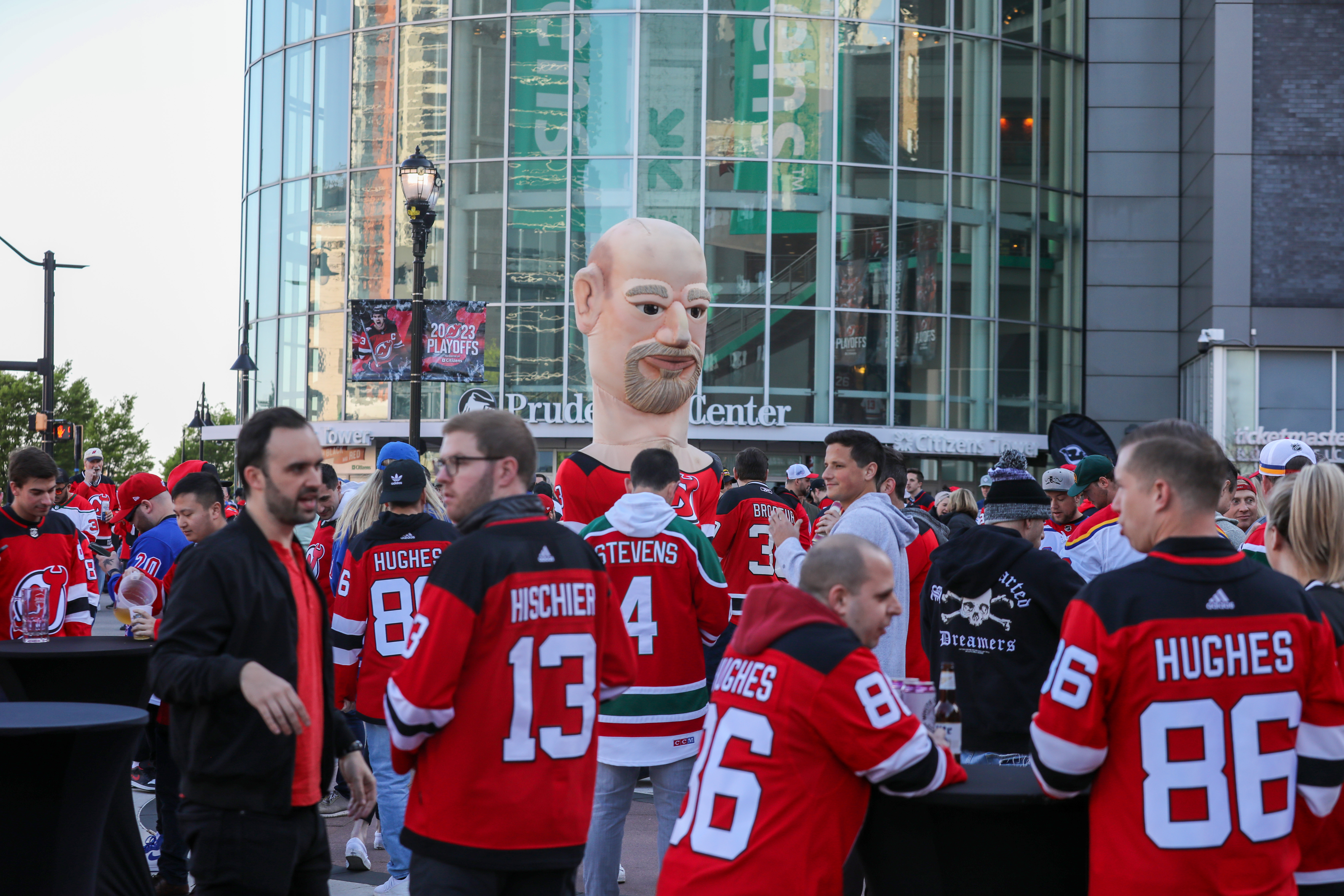 A giant likeness of former New Jersey Devils defenseman Ken Daneyko outside Prudential Center on Tuesday, April 18, 2023 in Newark, N.J. The Devils lost to the New York Rangers, 5-1, in Game 1 of the NHL Stanley Cup playoffs.