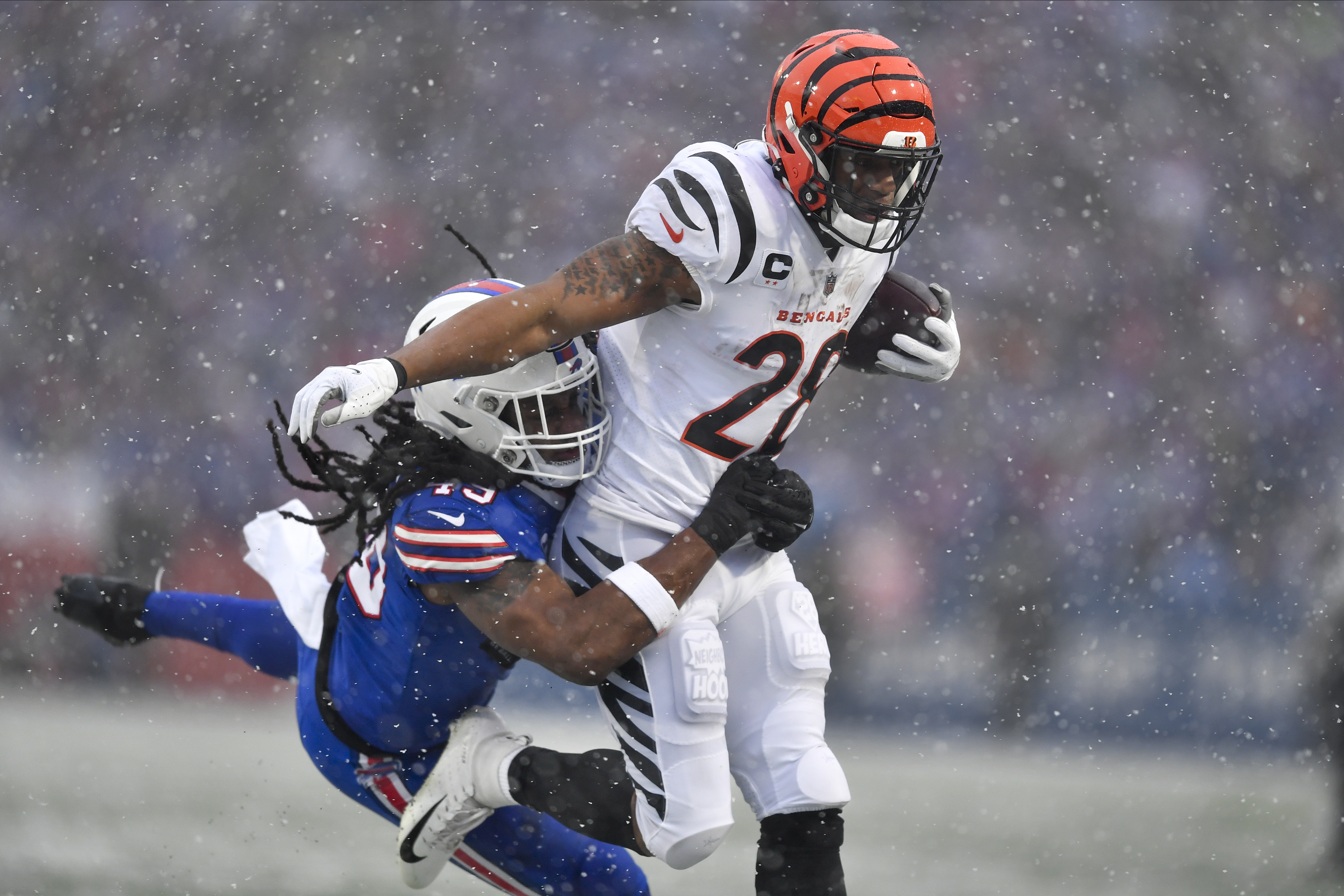 Buffalo Bills cornerback Tre'Davious White (27) defends during an NFL  divisional round playoff football game Sunday, Jan. 22, 2023, in Orchard  Park, NY. (AP Photo/Matt Durisko Stock Photo - Alamy