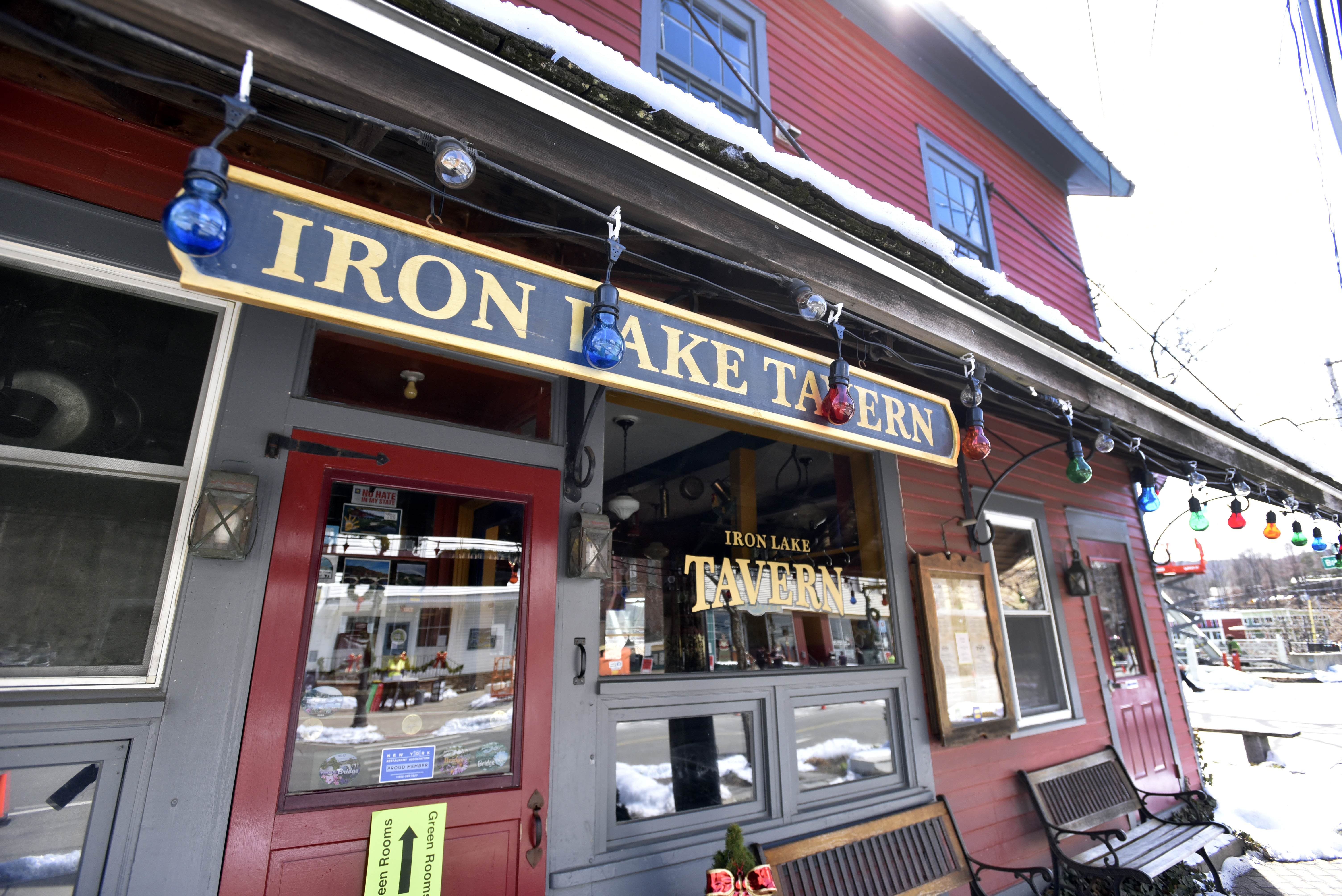 The West End Pub at the end of the Bridge of Flowers in Shelburne Falls has been transformed into the fictional Iron Lake Tavern during the filming of the show Dexter, April 7, 2021.   (Don Treeger / The Republican)