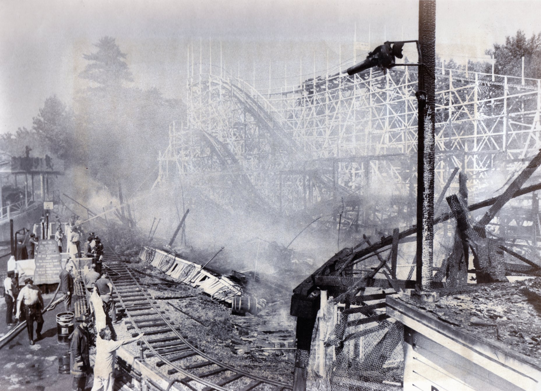 Sept. 2, 1971 - Agawam - Smoke rises from what used to be the El Dorado Mine Train ride at Riverside Park. A fire burned down the ride and put the adjacent roller coaster out of commission. Two Riverside employees and a firefighter were treated for smoke inhalation.