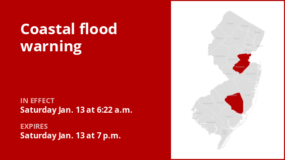 A coastal flood warning has been issued for Middlesex and Burlington counties through Saturday evening