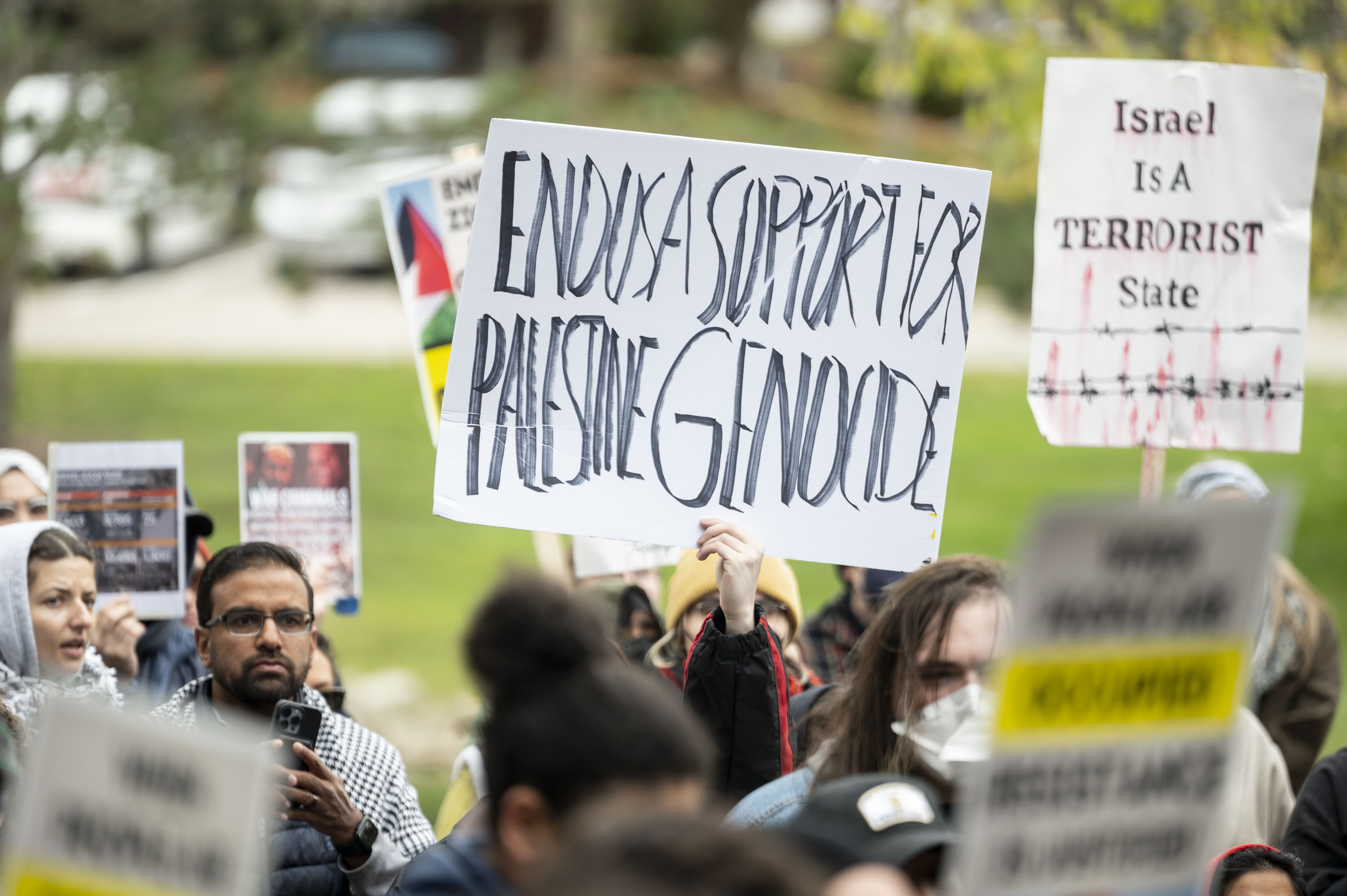 Pro-Palestinian demonstrators protest outside the offices of U.S. Rep ...