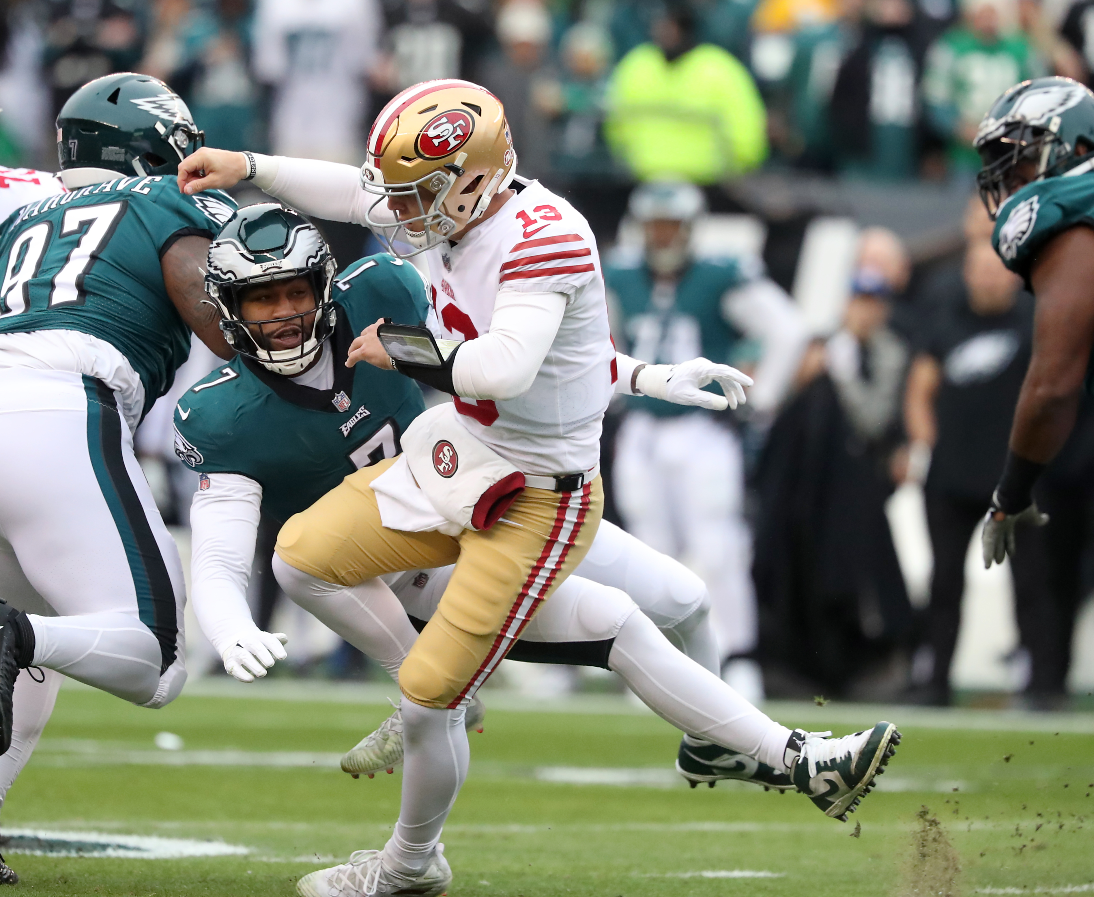 Philadelphia, United States. 28th Jan, 2023. Philadelphia Eagles running  back Miles Sanders (26) scores against the San Francisco 49ers in the  second quarter in the NFC Championship Game at Lincoln Financial Field