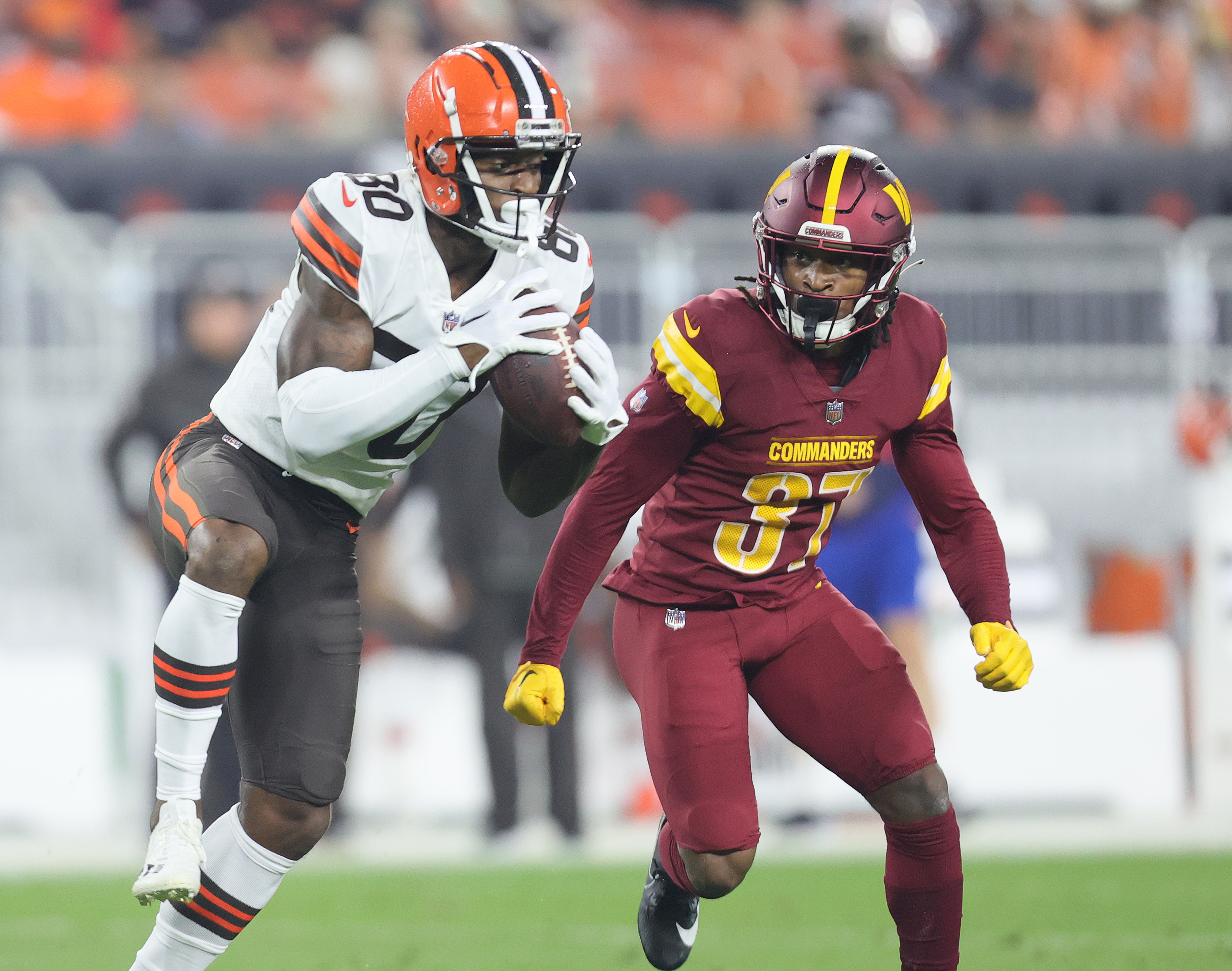 Washington Commanders wide receiver Kazmeir Allen catches a pass