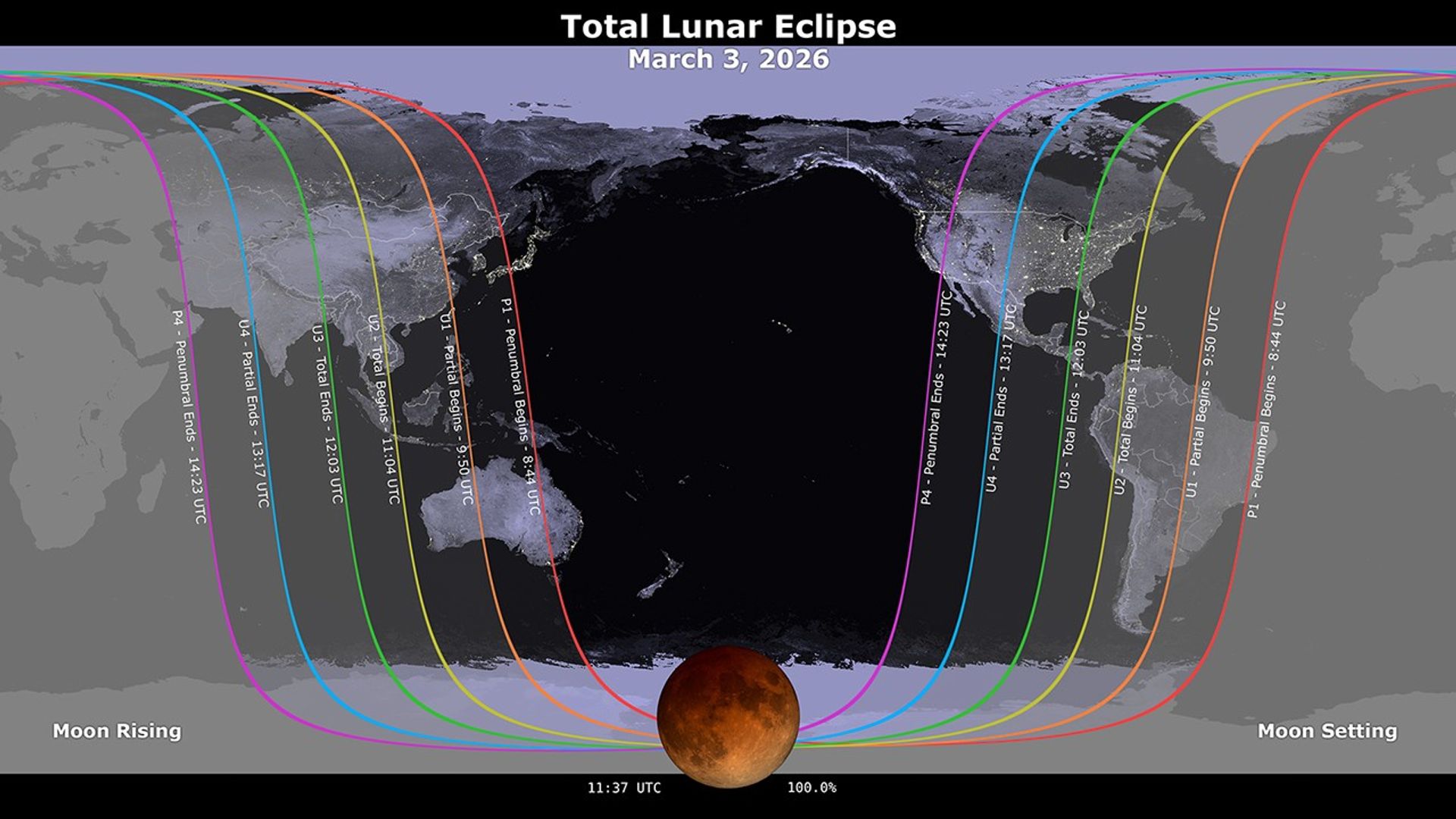Mappa dell'osservabilità dell'eclissi del 3 marzo. Credits: NASA’s Scientific Visualization Studio