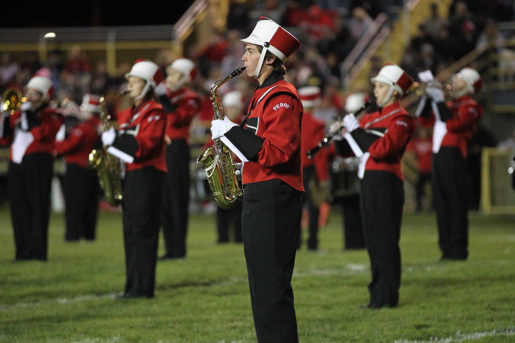 Perry Marching Band performs at halftime of the game at Kirtland