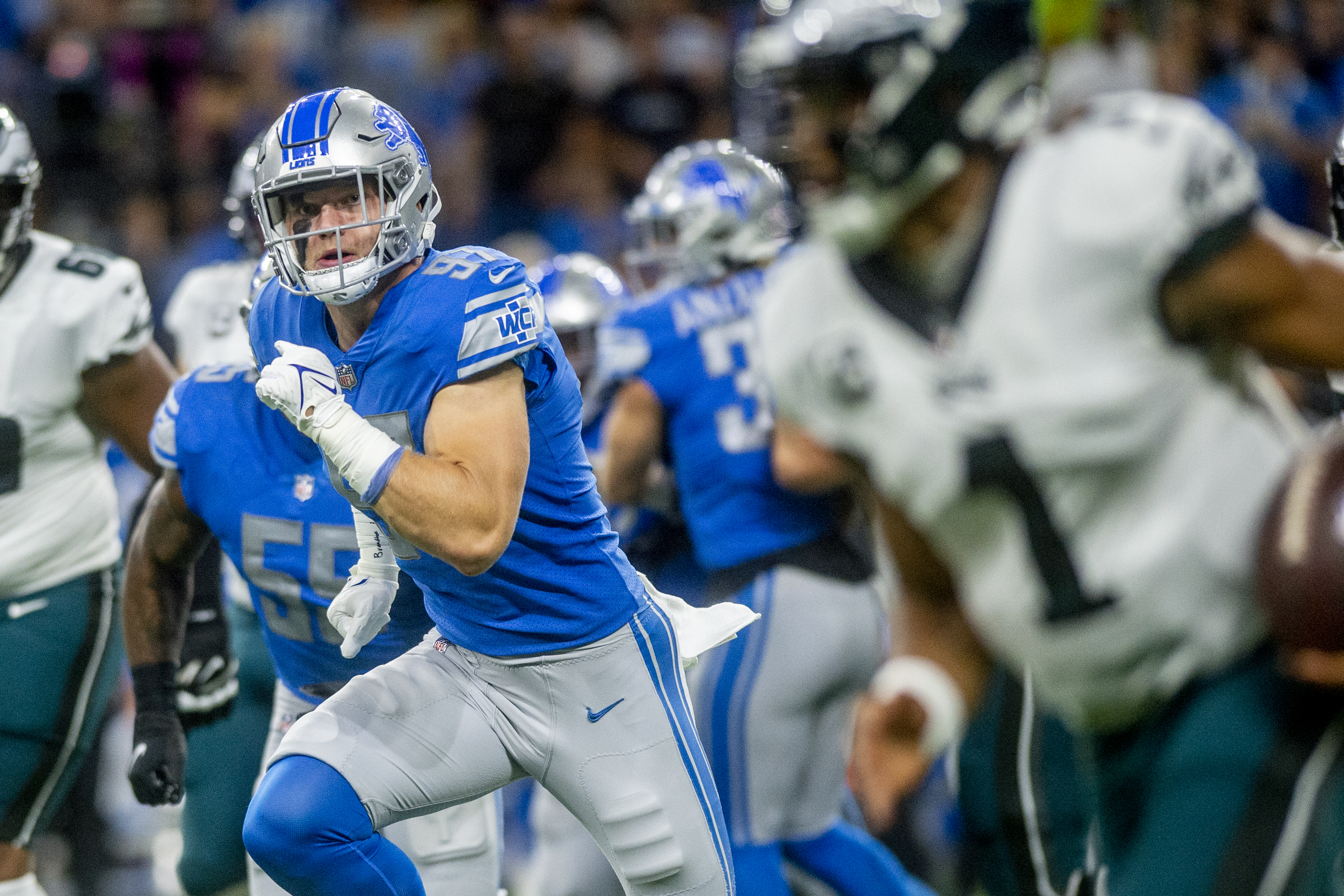 Detroit Lions linebacker Malcolm Rodriguez (44) pursues a play on