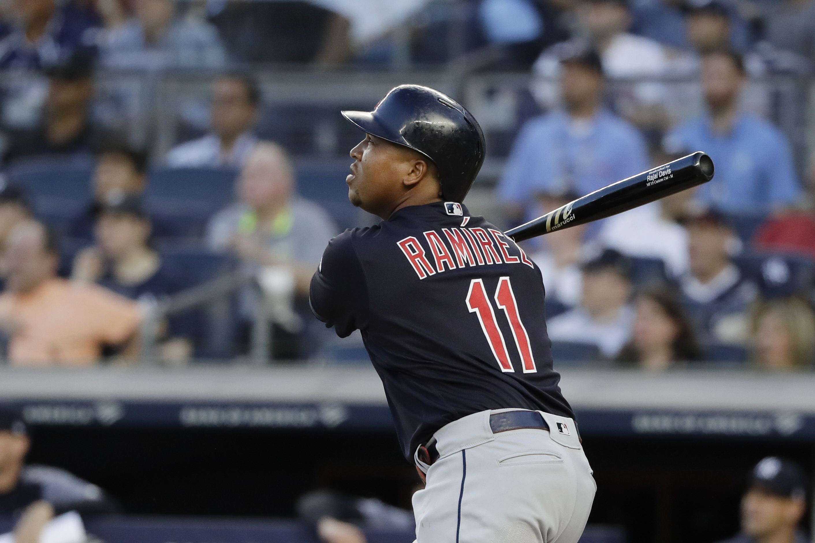 Jose Ramirez of the Cleveland Indians bats against the Washington Nationals  at Nationals Park on …