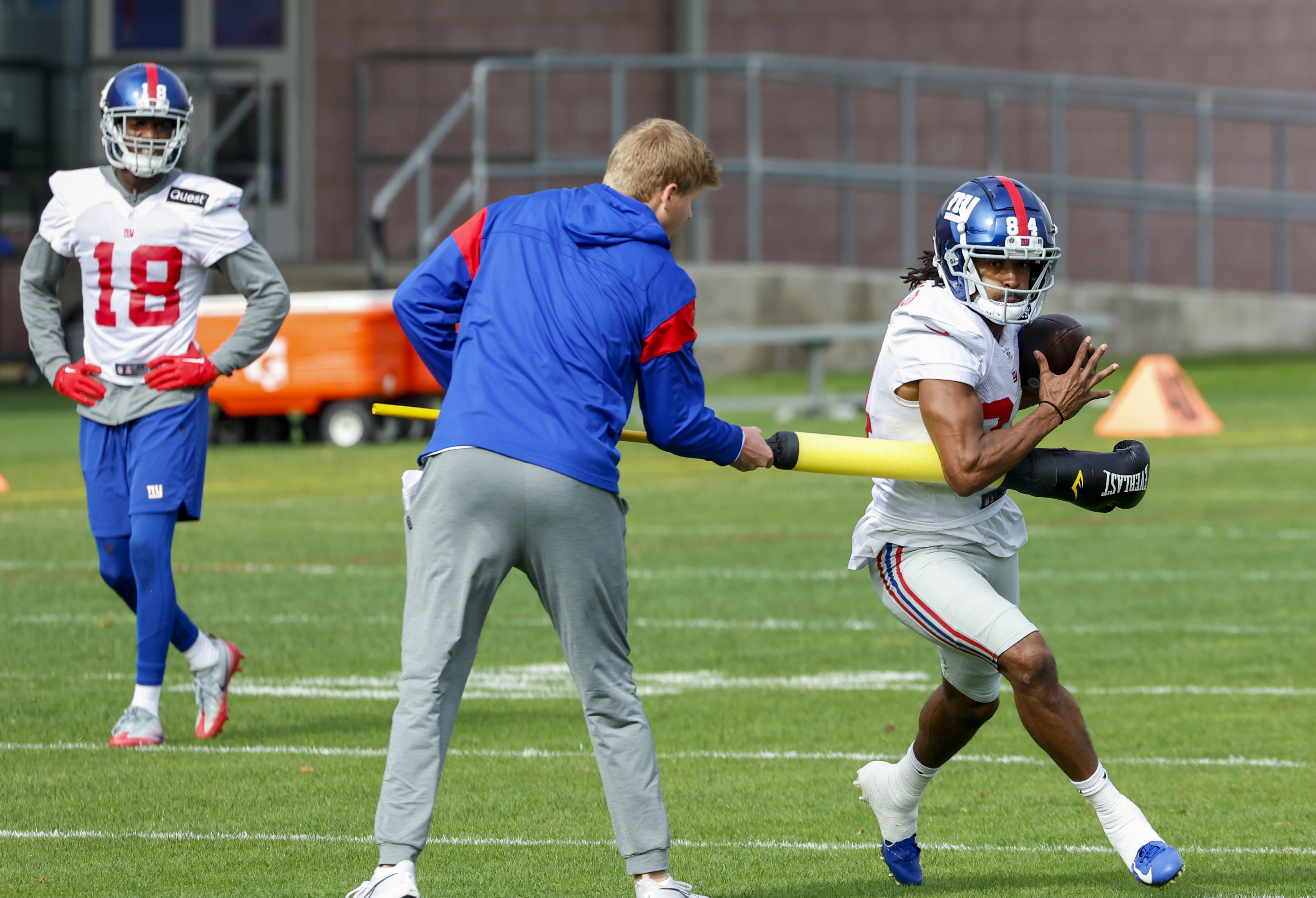 New York Giants wide receiver Marcus Johnson (84) participates in drills during practice on Wednesday, Oct. 26, 2022. 