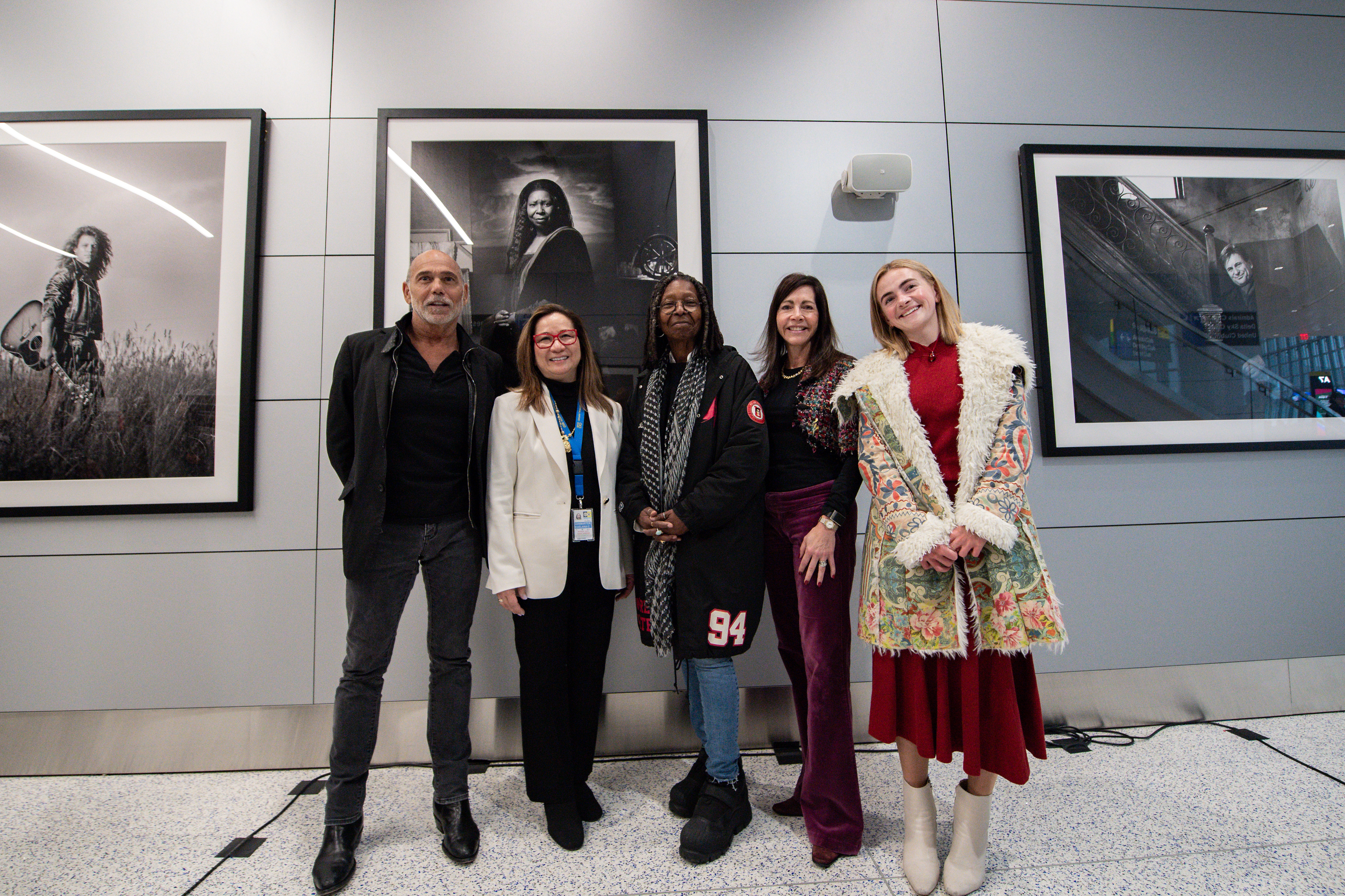 (Pictured left to proper) Timothy White, Lana Van Marter, Whoopi Goldberg, Tammy Murphy, and Emma Murphy pose for an image on the opening of a photograph exhibit referred to as "What Exit: The Spirit of New Jersey: Photographs by Timothy White”, at Newark Liberty International Airport. Saturday, January 17, 2026