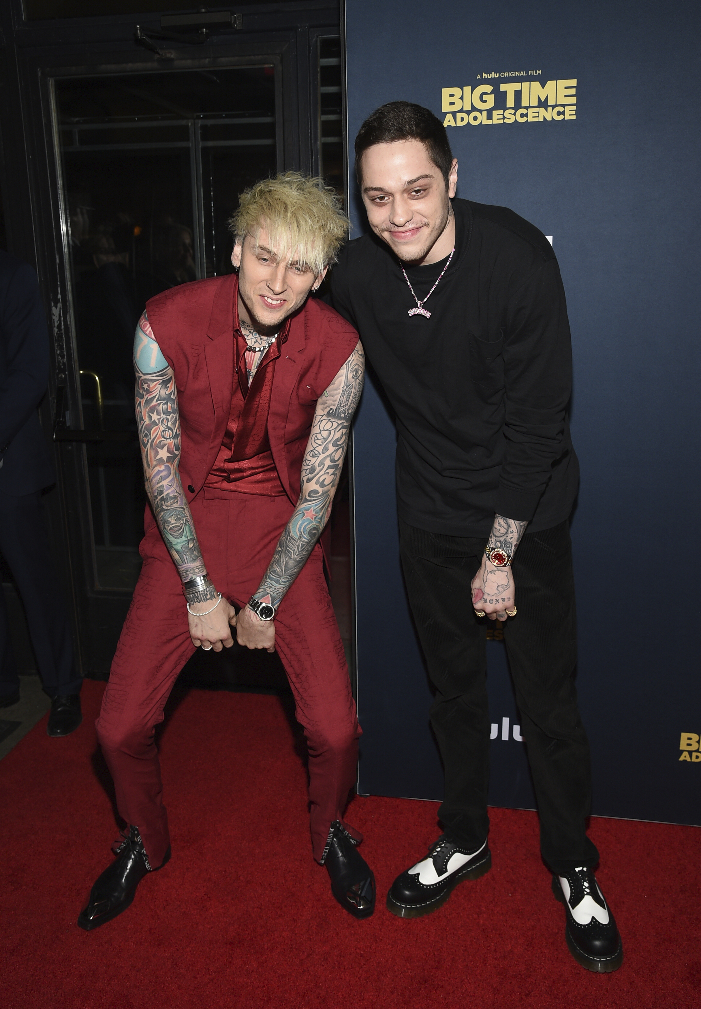 Miami Marlins' Christian Yelich, left, poses for a photograph with Saturday  Night Live comedian Pete Davidson before a baseball game between the  Marlins and the New York Mets, Tuesday, Sept. 15, 2015