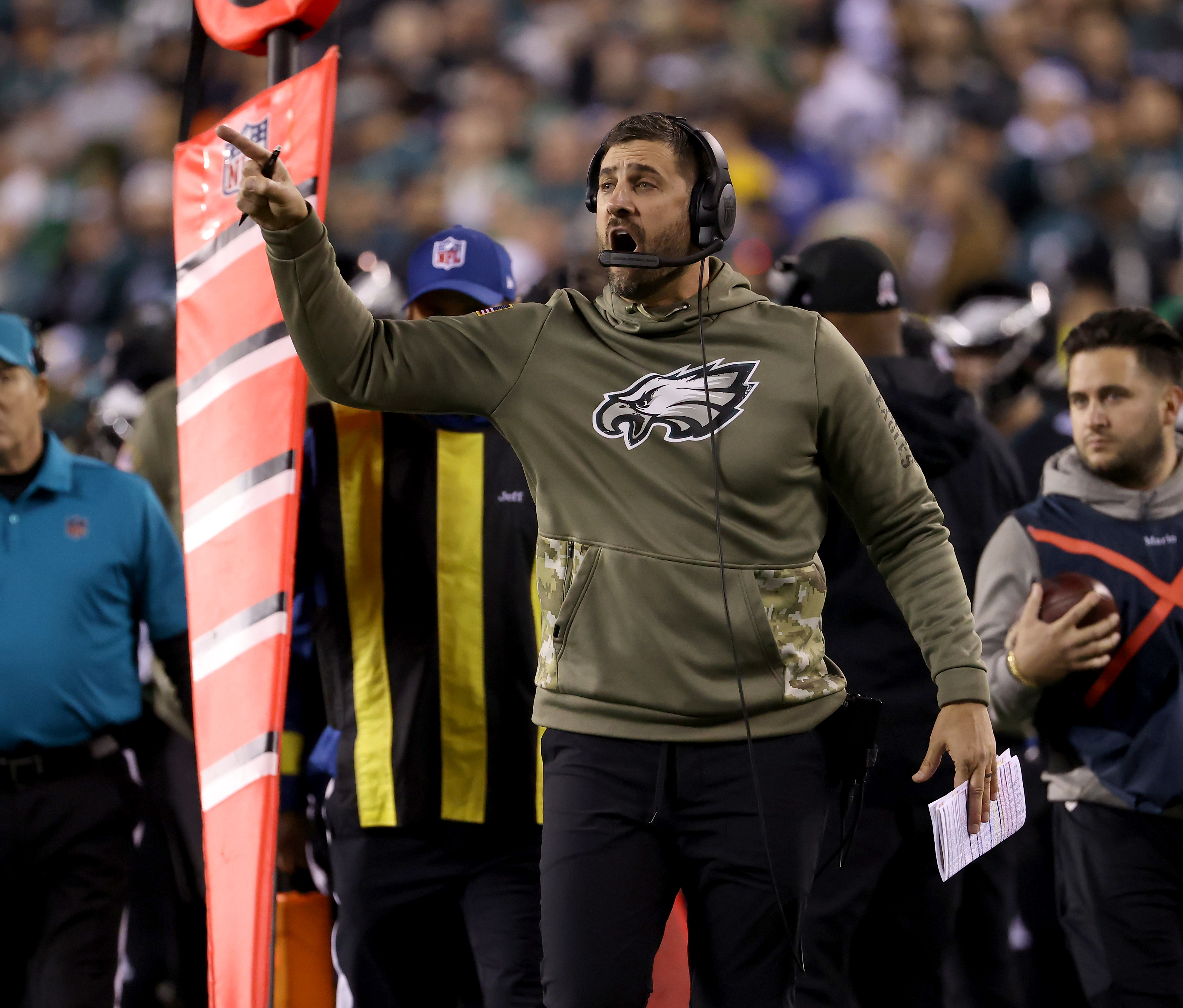 Philadelphia Eagles defensive end Brandon Graham (55) reacts during the NFL  football game against the Green Bay Packers, Sunday, Nov. 27, 2022, in  Philadelphia. (AP Photo/Chris Szagola Stock Photo - Alamy