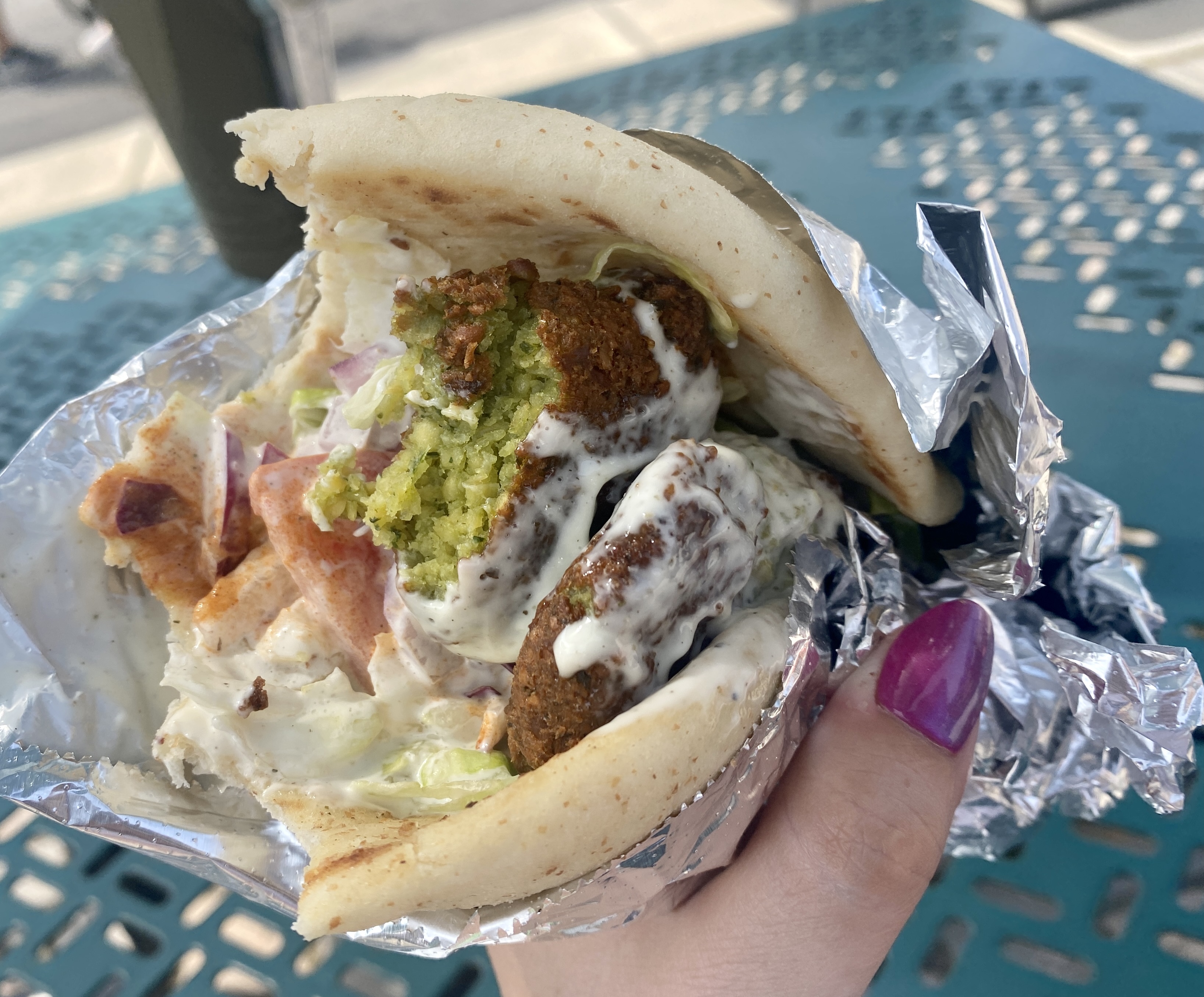The Falafel Gyro from Syracuse Halal Gyro on Restaurant Row, pictured on Wednesday, Aug. 23, 2023, is one of the tastiest sandwiches at the New York State Fair. Samantha House | shouse@syracuse.com
