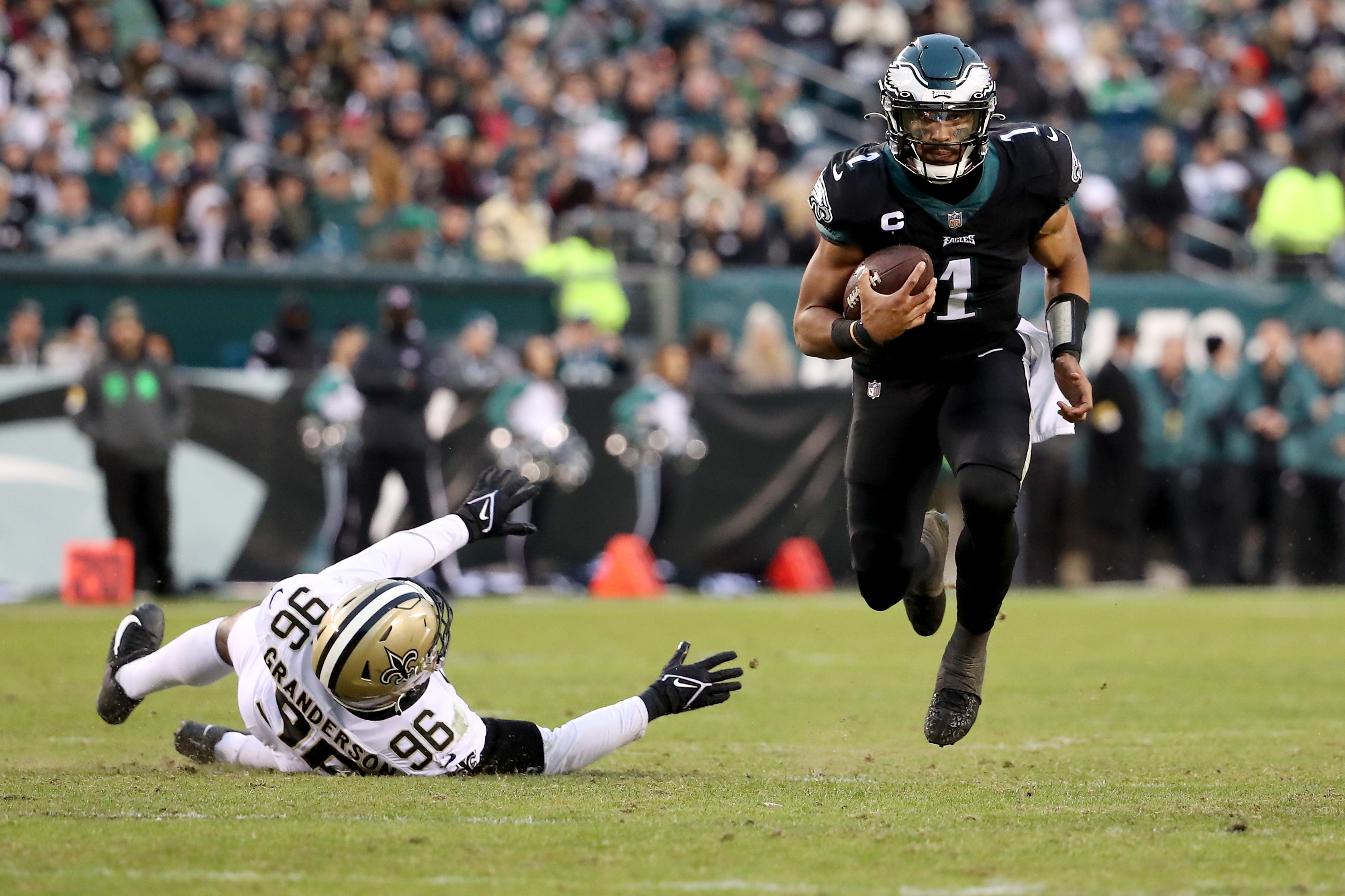 Philadelphia, Pennsylvania, USA. 21st Nov, 2021. Philadelphia Eagles  quarterback Jalen Hurts (1) looks on during the NFL game between the New  Orleans Saints and the Philadelphia Eagles at Lincoln Financial Field in