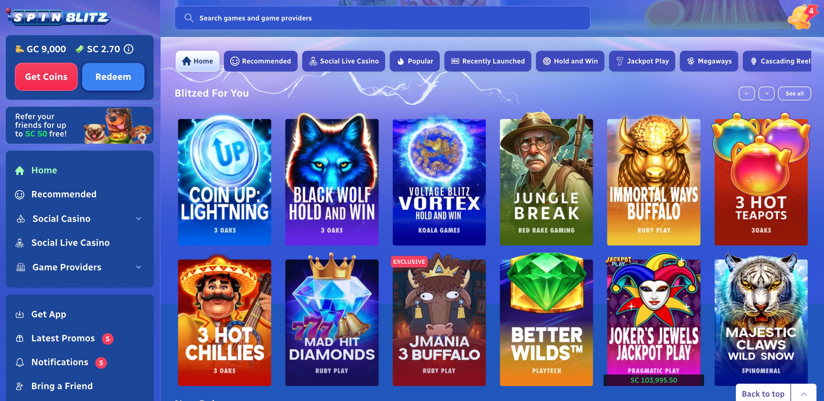 SpinBlitz sweepstakes casino game