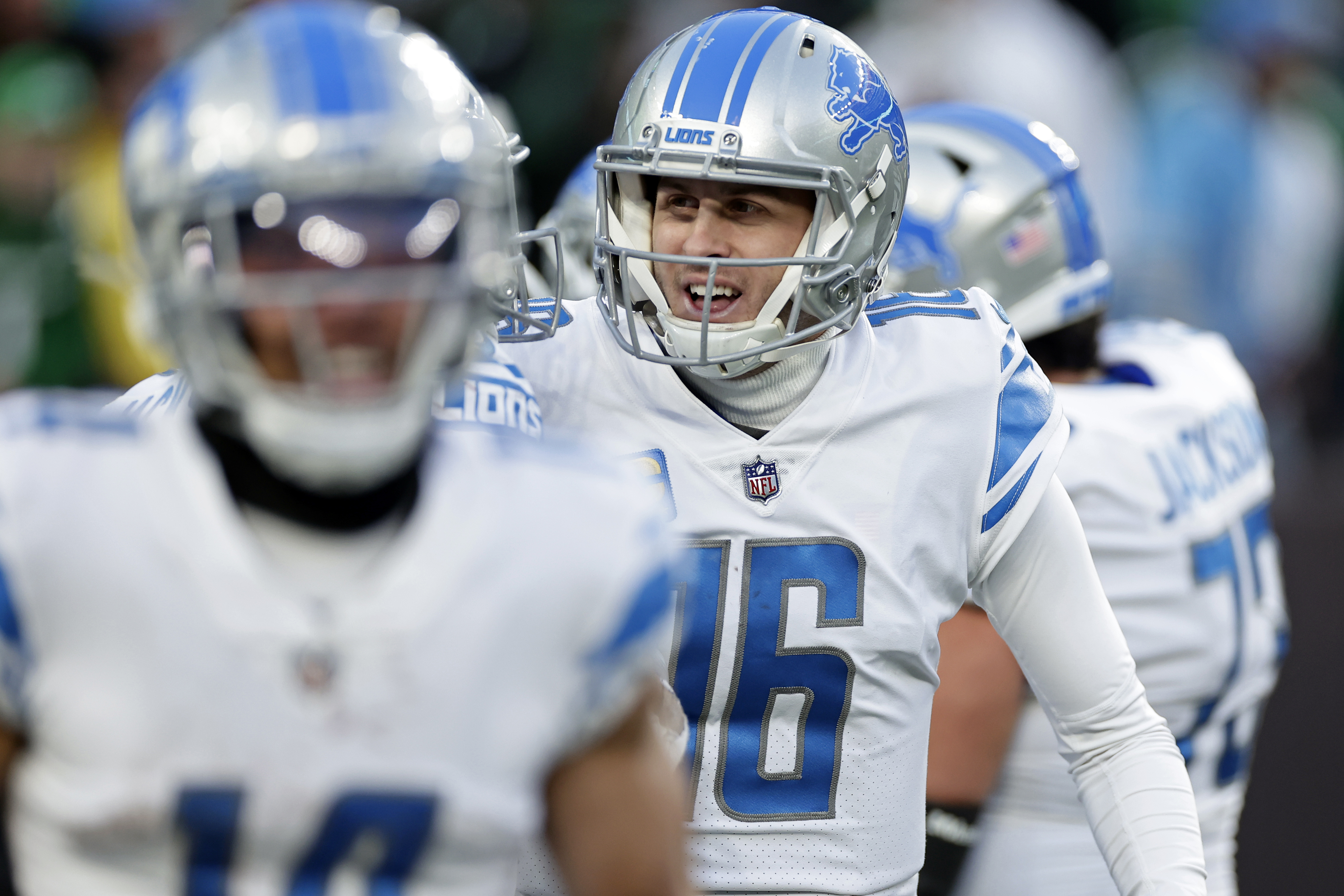 EAST RUTHERFORD, NJ - DECEMBER 18: Detroit Lions wide receiver Kalif Raymond  (11) reacts with teamma