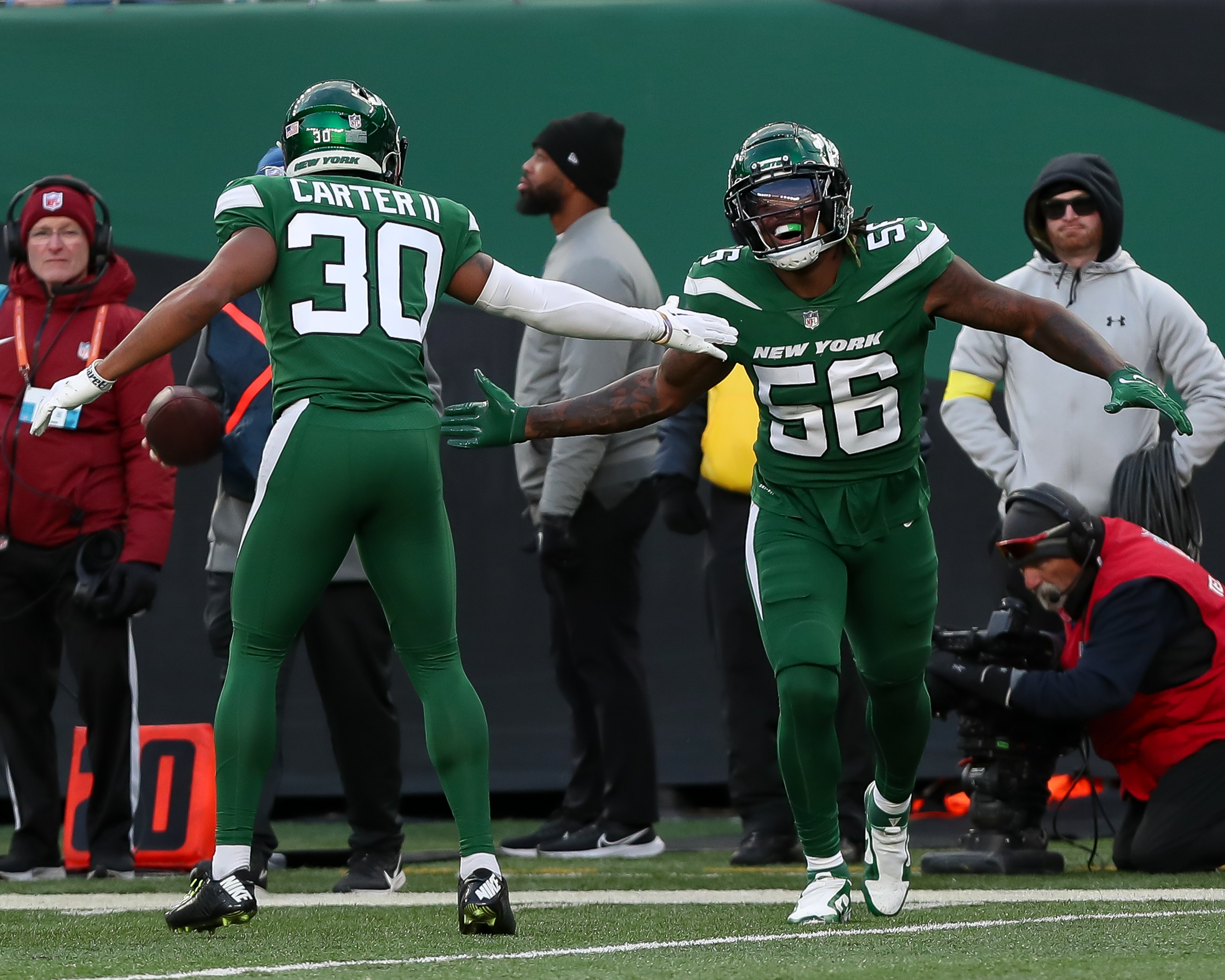 New York Jets linebacker Quincy Williams (56) reacts during an NFL