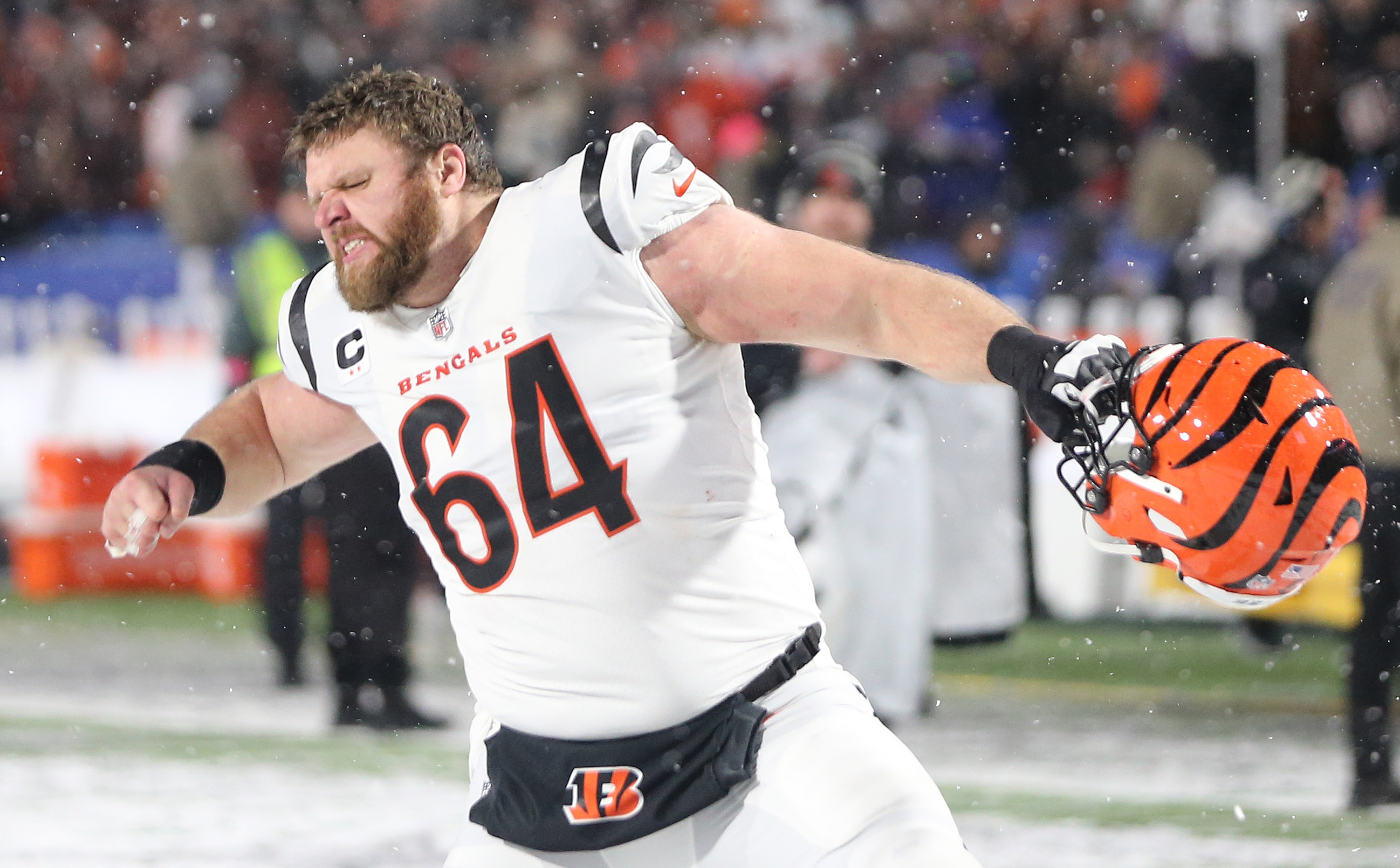 Cincinnati Bengals Ted Karras (64) reacts after defeating the