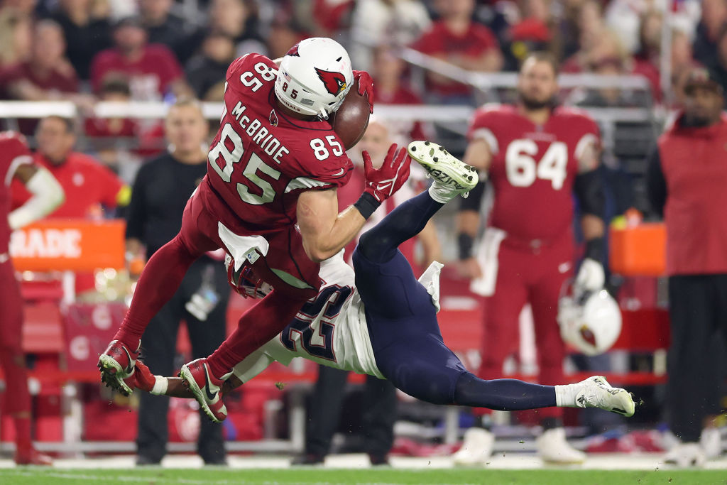 Arizona Cardinals tight end Trey McBride (85) catches the ball during the  first half of an NFL football game against the New England Patriots,  Monday, Dec. 12, 2022, in Glendale, Ariz. (AP