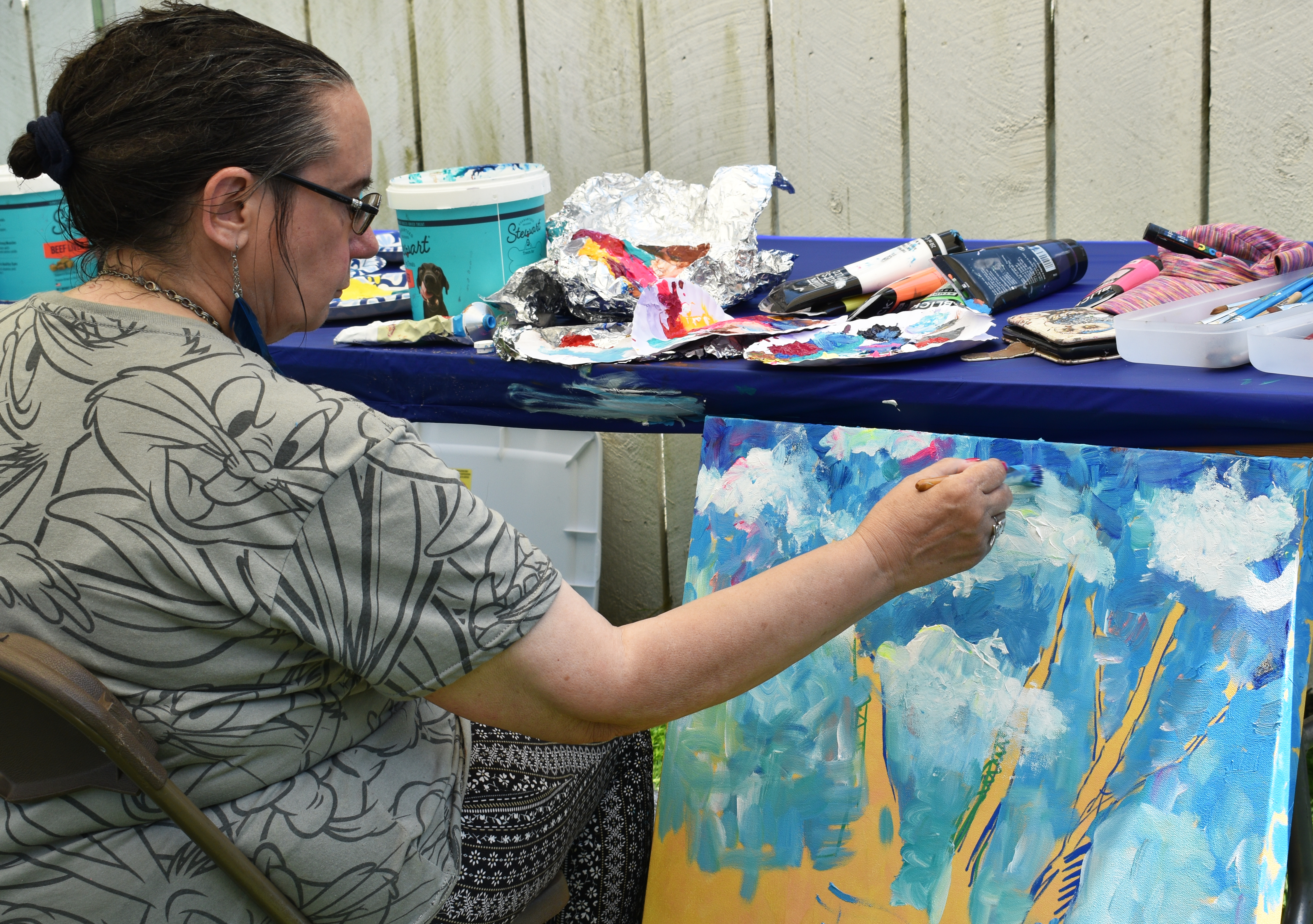 Rosemary Geseck engages in plein air painting at a stand representing the Lehigh Art Alliance as Historic Bethlehem Museums & Sites opens its two-day Blueberry Festival & Market To Go on Saturday, July 13, 2024, at Burnside Plantation. It continues Sunday.