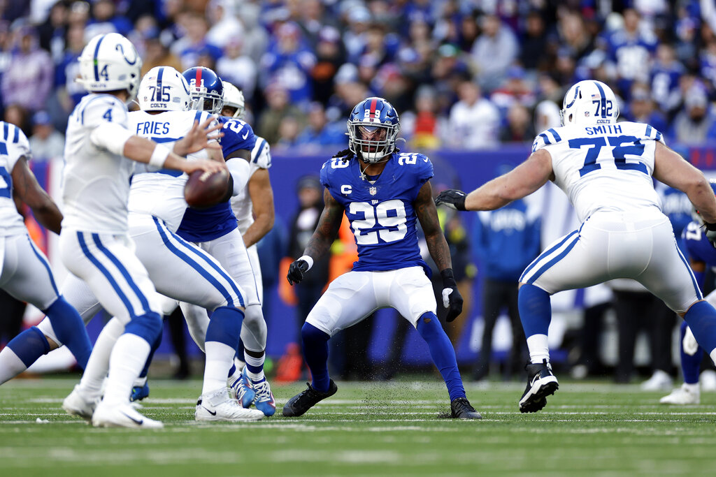 New York Giants safety Xavier McKinney (29) in coverage during an NFL  football game against the