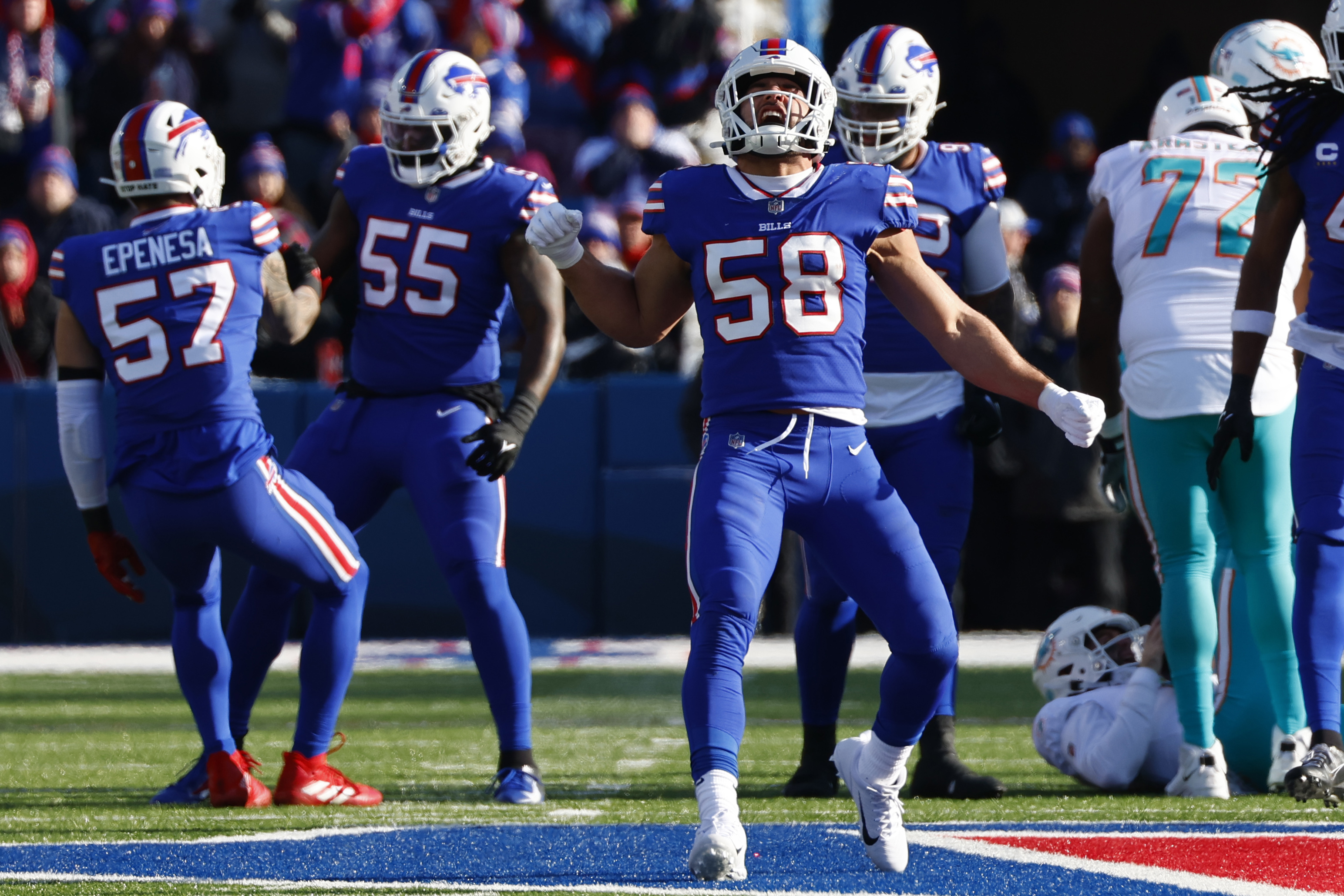 Buffalo Bills offensive tackle Dion Dawkins (73) lines-up during the first  half of an NFL wild-card playoff football game against the Miami Dolphins,  Sunday, Jan. 15, 2023, in Orchard Park, N.Y. (AP