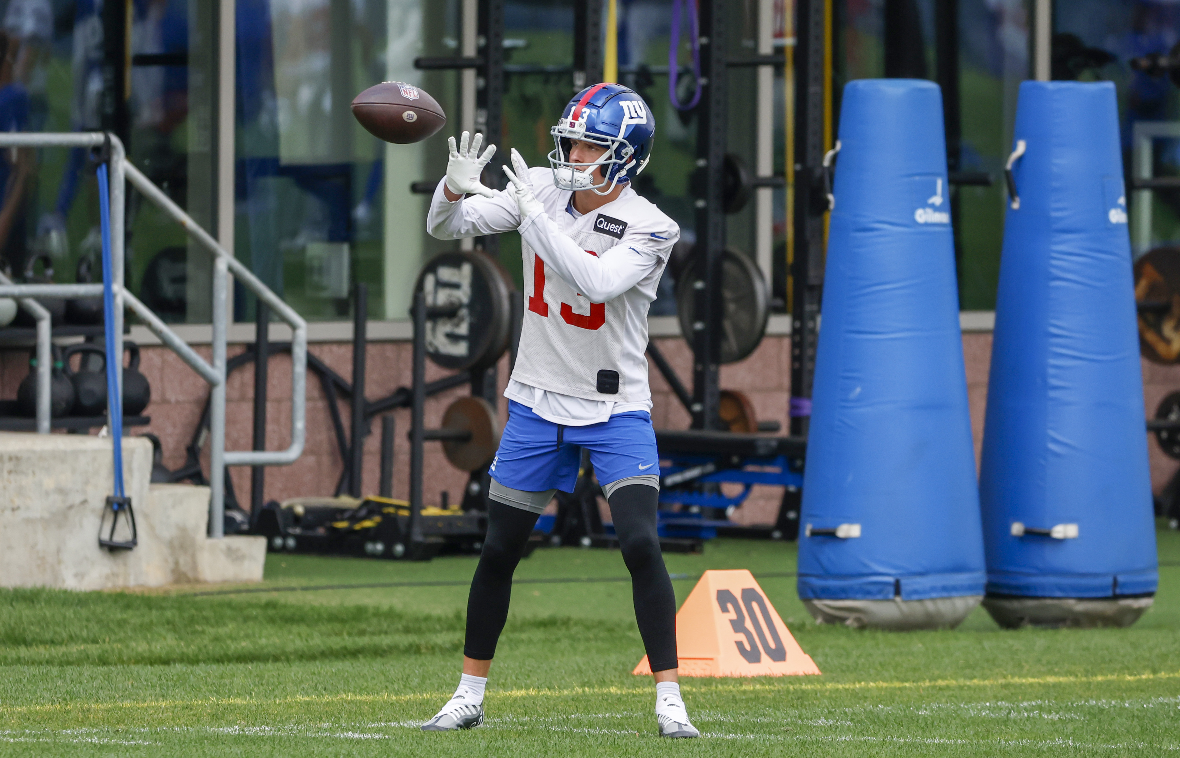 New York Giants wide receiver David Sills V (13) catches a pass during practice on Wednesday, Oct. 26, 2022. 