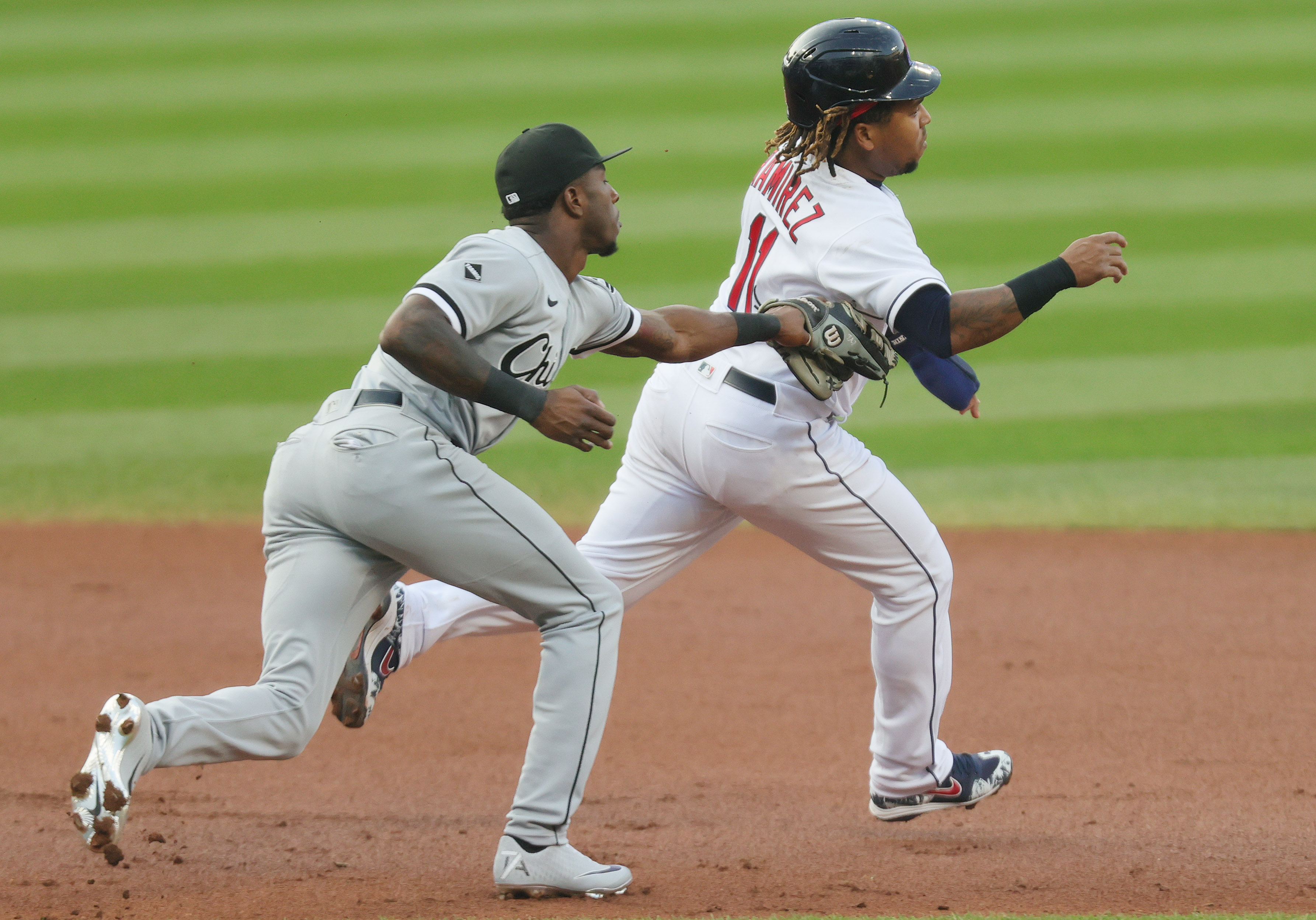 The cleats of Chicago White Sox third baseman Yoan Moncada are