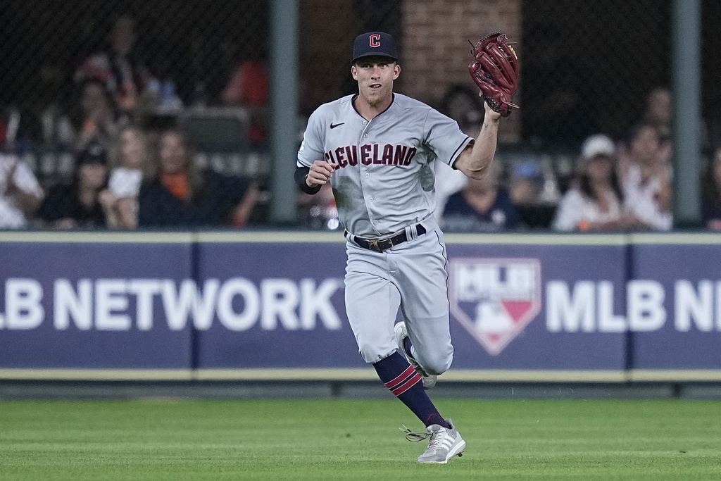 Cleveland Guardians left fielder Steven Kwan stands on deck before