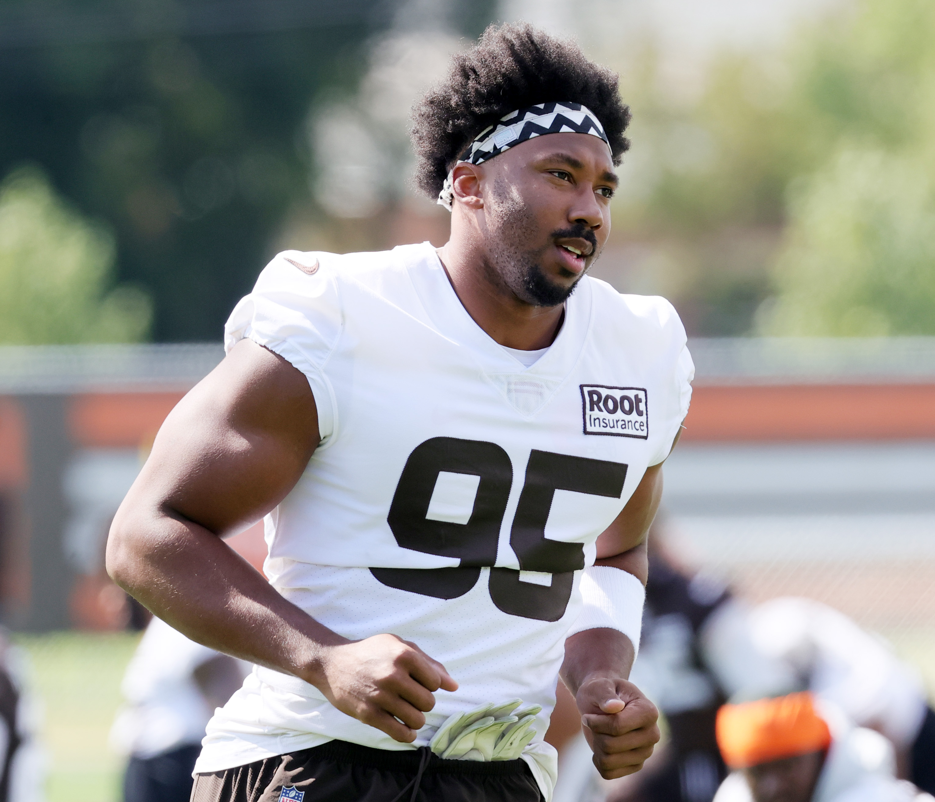 Cleveland Browns defensive end Myles Garrett (95) runs off of the