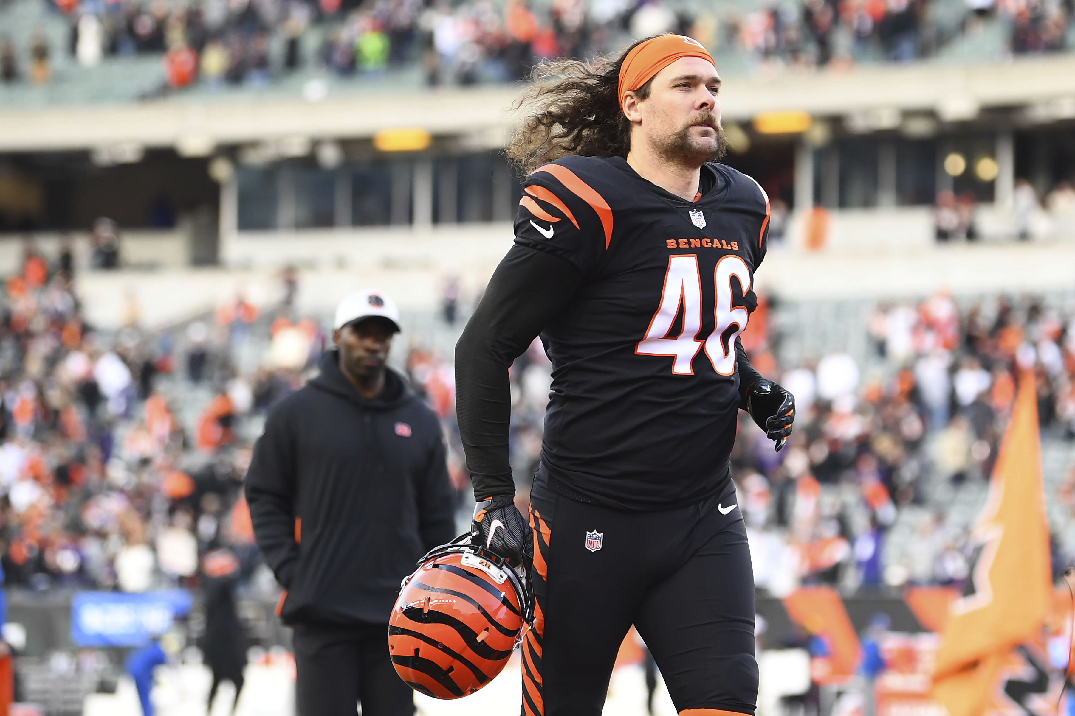 Cincinnati Bengals long snapper Cal Adomitis (48) walks towar the field  before an NFL football game against the New York Jets Sunday, Sept. 25,  2022, in East Rutherford, N.J. (AP Photo/Adam Hunger