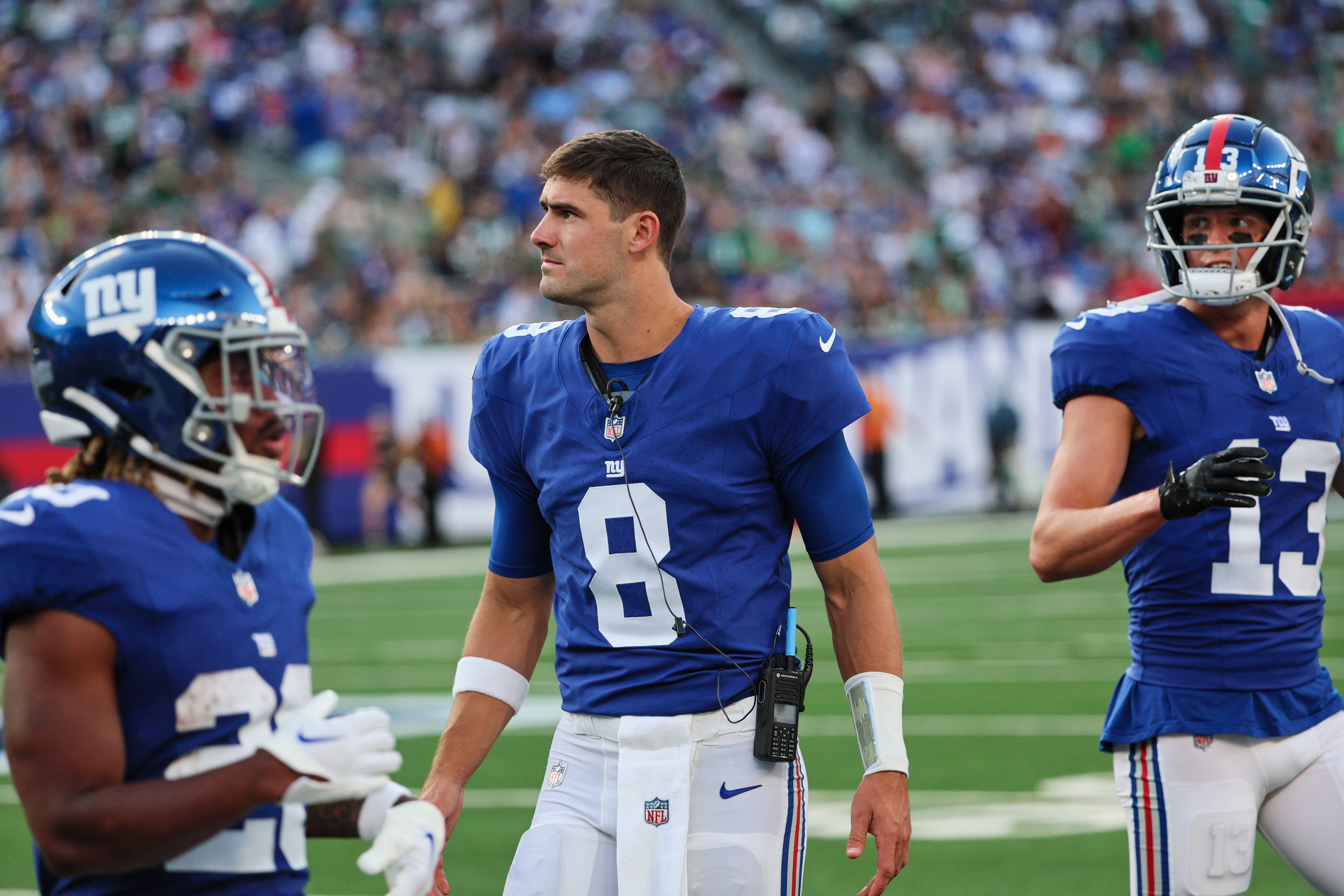 New York Giants quarterback Tommy DeVito (5) looks to pass during the  second half of an NFL preseason football game against the New York Jets,  Saturday, Aug. 26, 2023, in East Rutherford