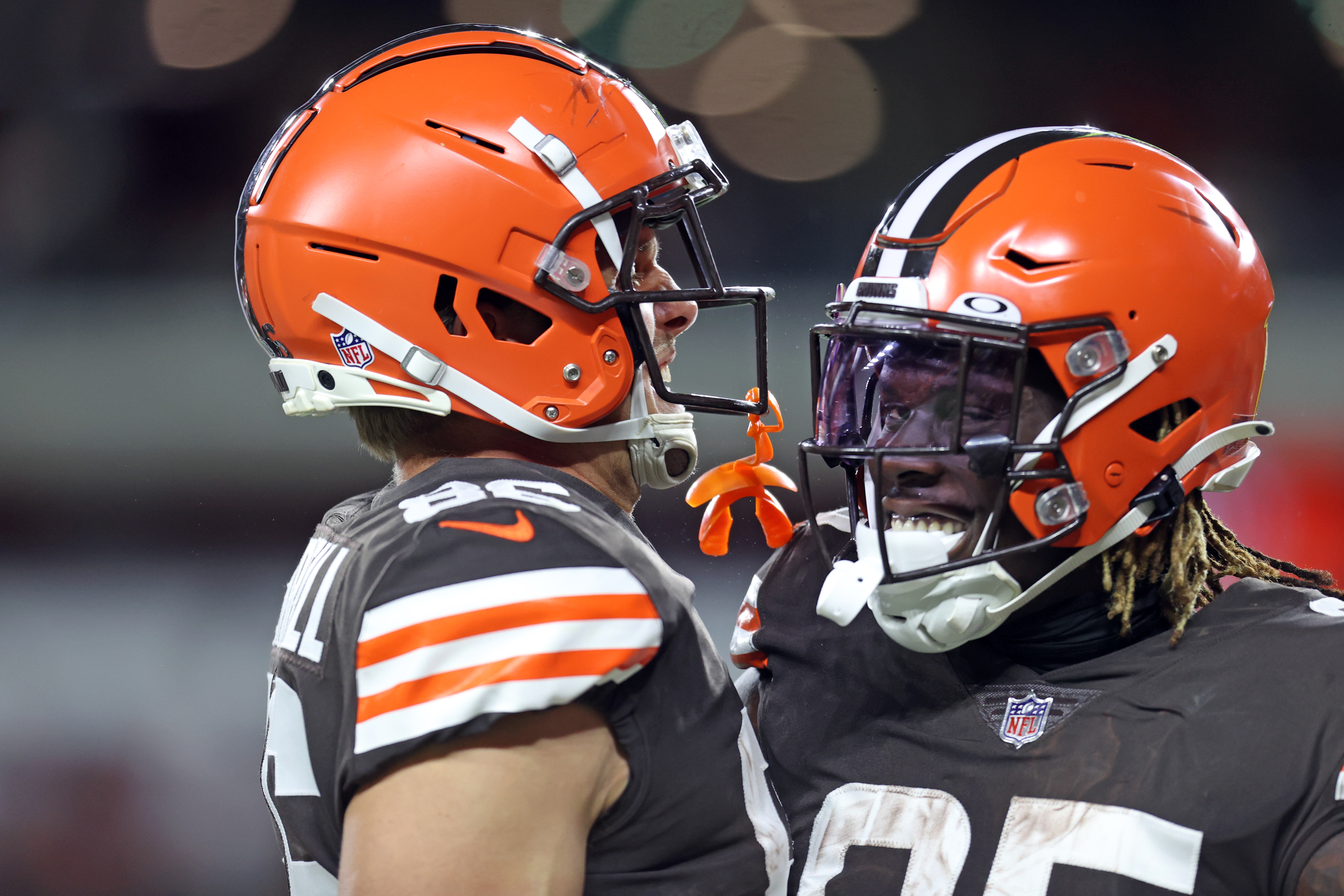 Miller Forristall of the Cleveland Browns celebrates after a first