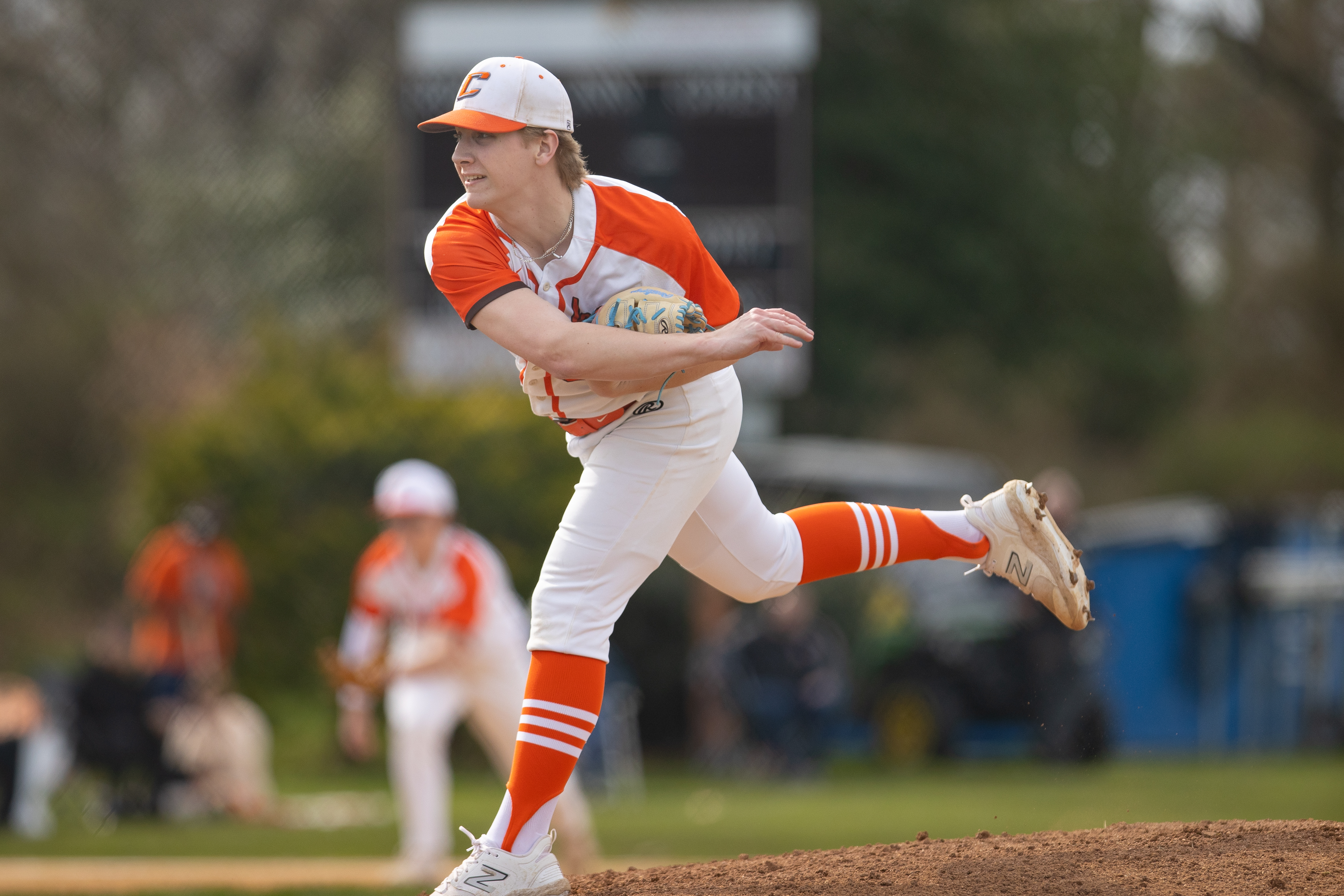 Brody Minder (55) of Cherokee, pitches in Marlton, NJ on Monday, April 3, 2023.
