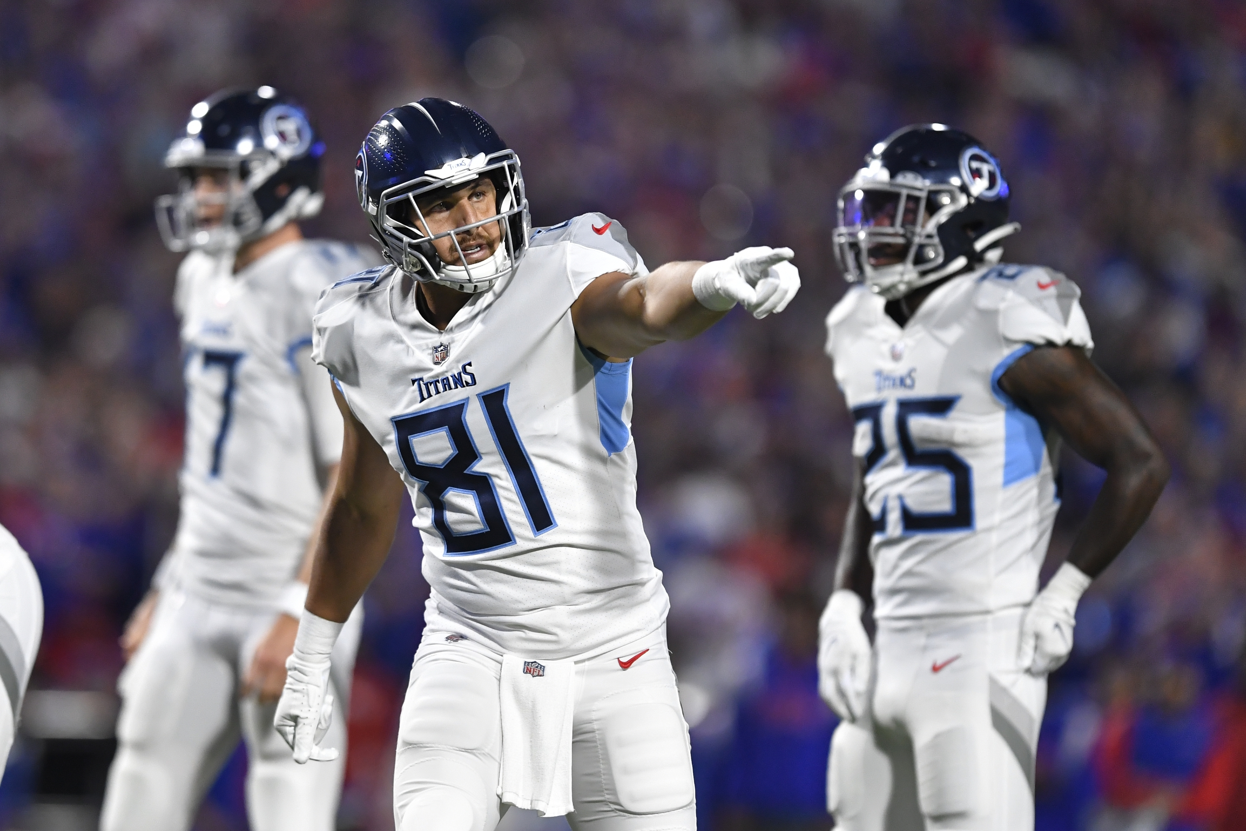 Tennessee Titans cornerback Caleb Farley (3) attempts to tackle Buffalo  Bills wide receiver Stefon Diggs (14) during an NFL football game, Monday,  Sept. 19, 2022, in Orchard Park, N.Y. (AP Photo/Kirk Irwin