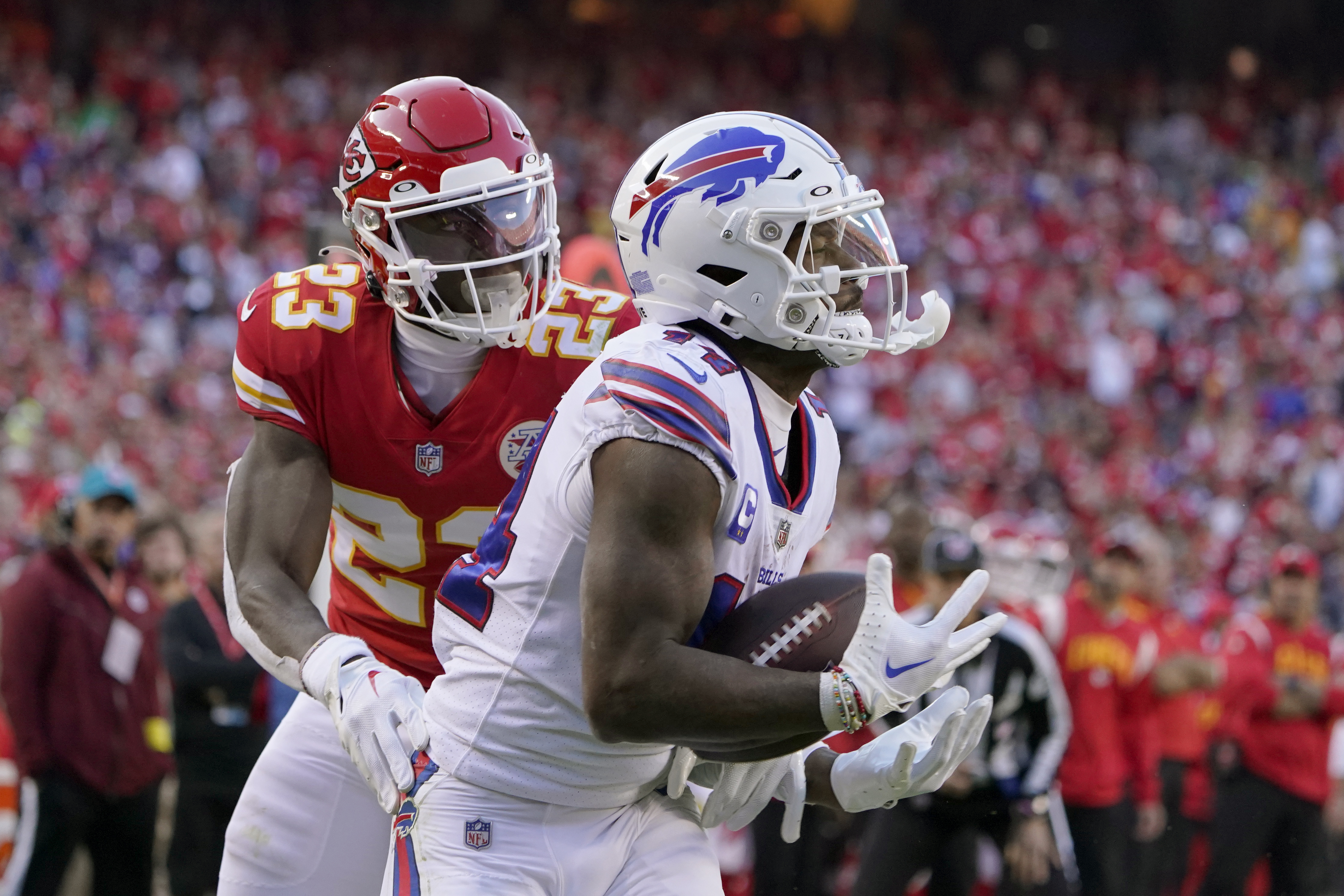 Buffalo Bills defensive tackle DaQuan Jones (92) walks off the field after  an NFL football game against the Kansas City Chiefs Sunday, Oct. 16, 2022,  in Kansas City, Mo. (AP Photo/Peter Aiken