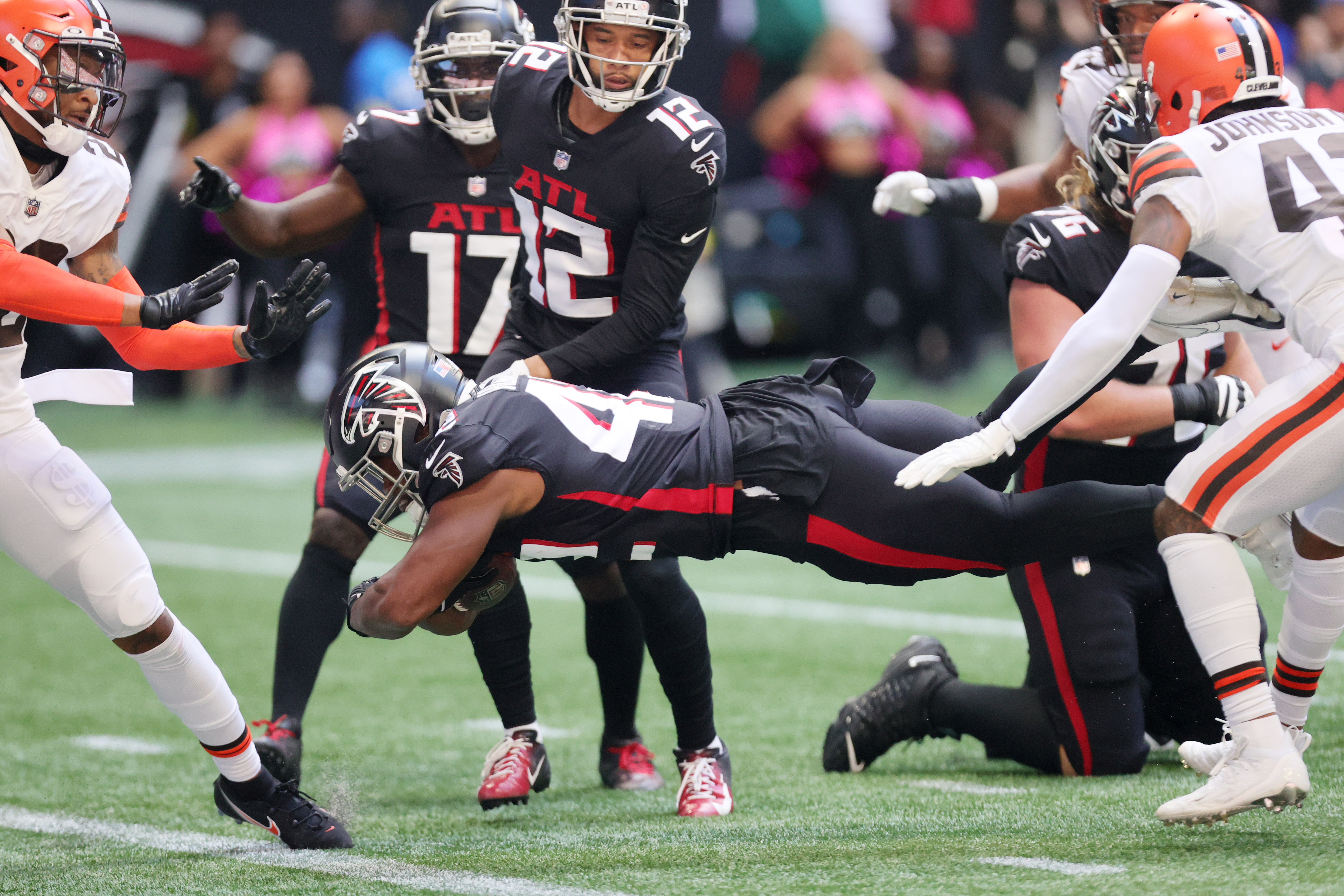 Atlanta Falcons linebacker DeAngelo Malone (51) works during the first half  of an NFL football game