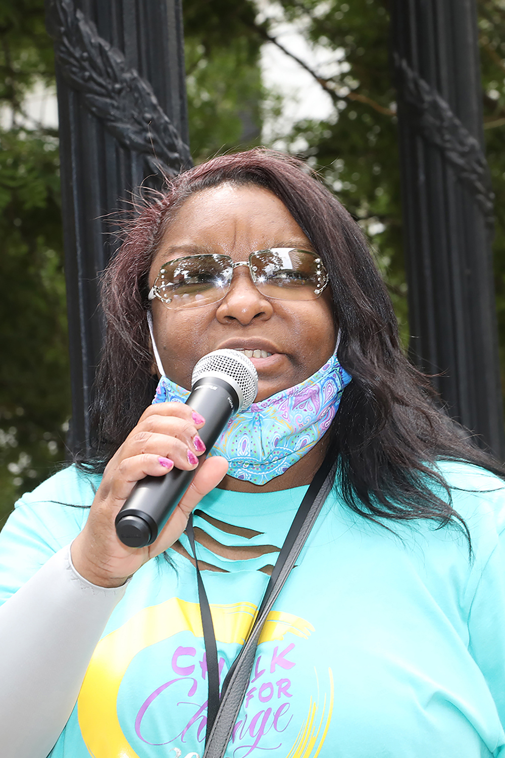 Trust Transfer Project Director Vanessa Ford thanked everyone for coming to the Chalk for Change 2022 taking place at Court Square in Springfield on July 16th. (Ed Cohen Photo)