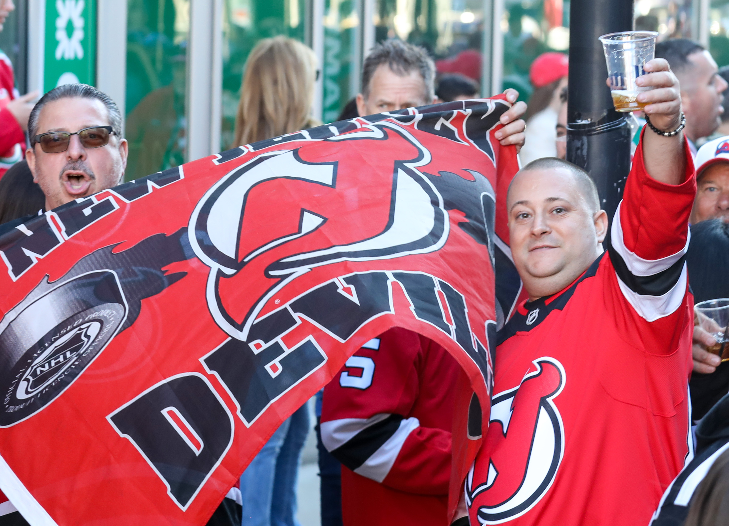 The scene outside Prudential Center before the start of the New Jersey Devils - New York Rangers Stanley Cup playoffs game on Tuesday, April 18, 2023 in Newark, N.J. 