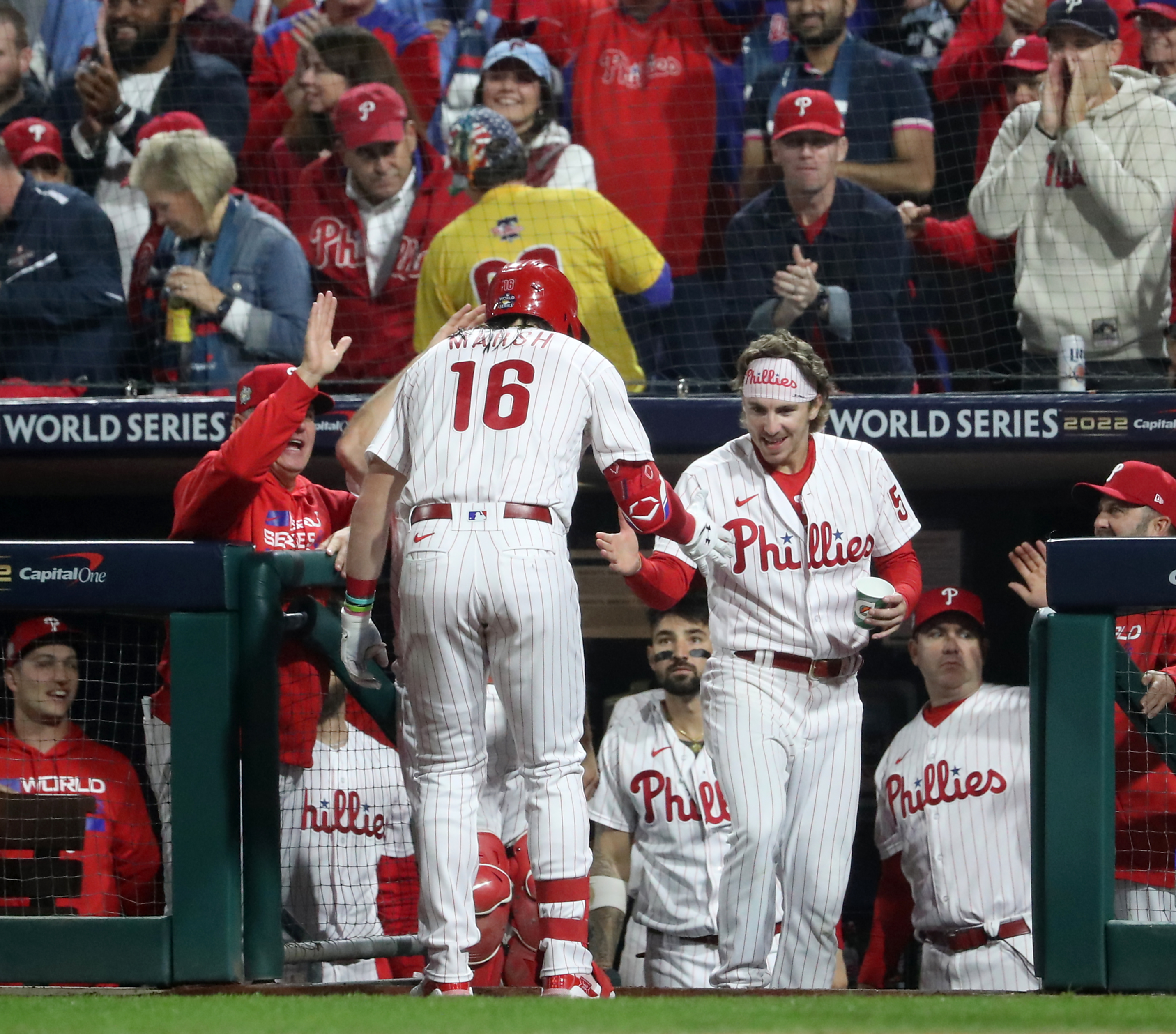 Brandon Marsh (16) of the Philadelphia Phillies celebrates his home run with Bryson Stott (5) in the second inning during World Series Game 3 against the Houston Astros at Citizens Bank Park, Tuesday, Nov. 1, 2022. The home run gave the Phillies a 4-0 lead.