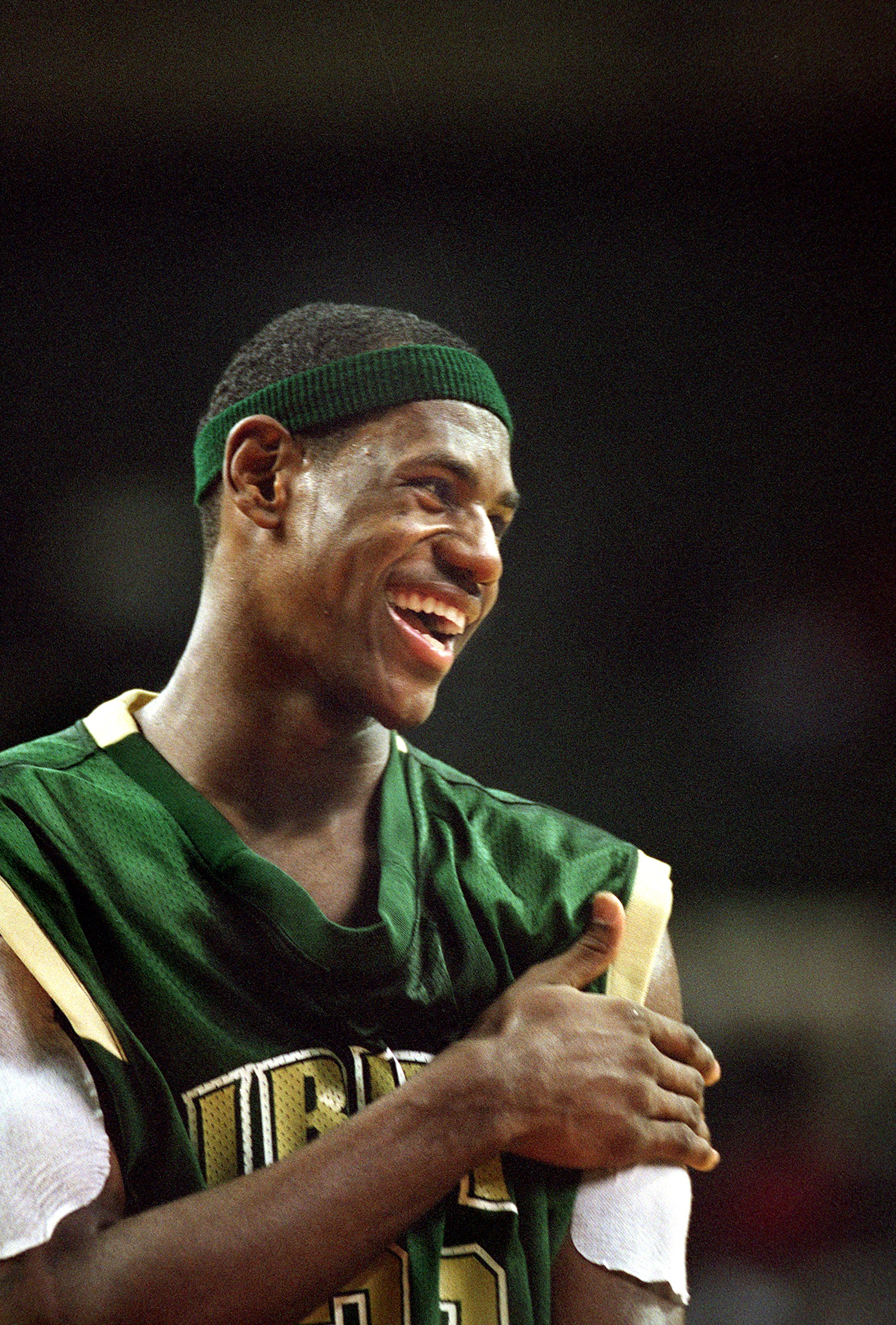 LeBron James during a timeout in a game against Brush at the Cleveland State University Convocation Center, January 13, 2002   (Chris Stephens/The Plain Dealer)   