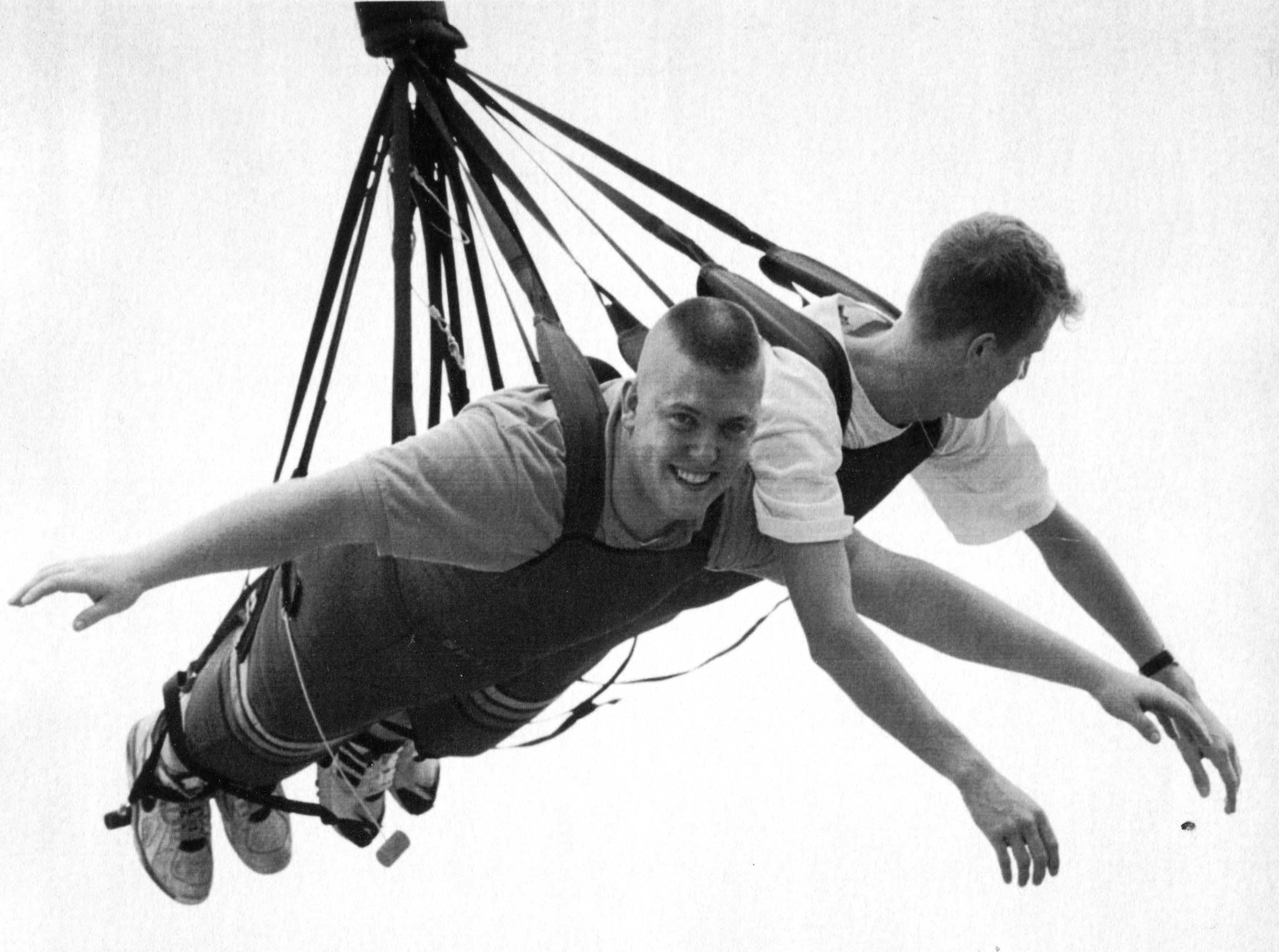 June 26, 1995 - Agawam - Chris Allard, left, and Jeff Laing, both of Chicopee, ride the new Skycoaster at Riverside Park. (Republican file photo) Staff-Shot