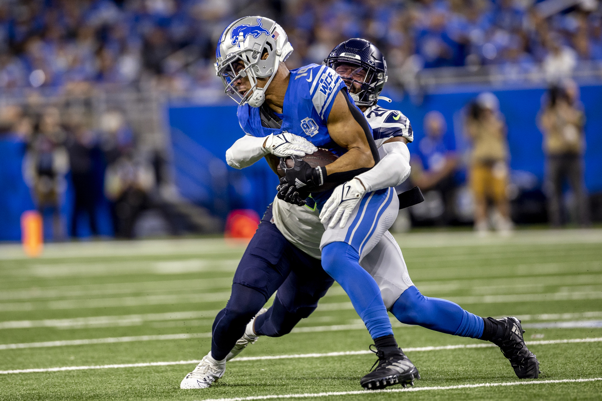 Detroit Lions wide receiver Amon-Ra St. Brown (14) is introduced before an  NFL football game against the Seattle Seahawks Sunday, Sept. 17, 2023, in  Detroit. (AP Photo/Duane Burleson Stock Photo - Alamy