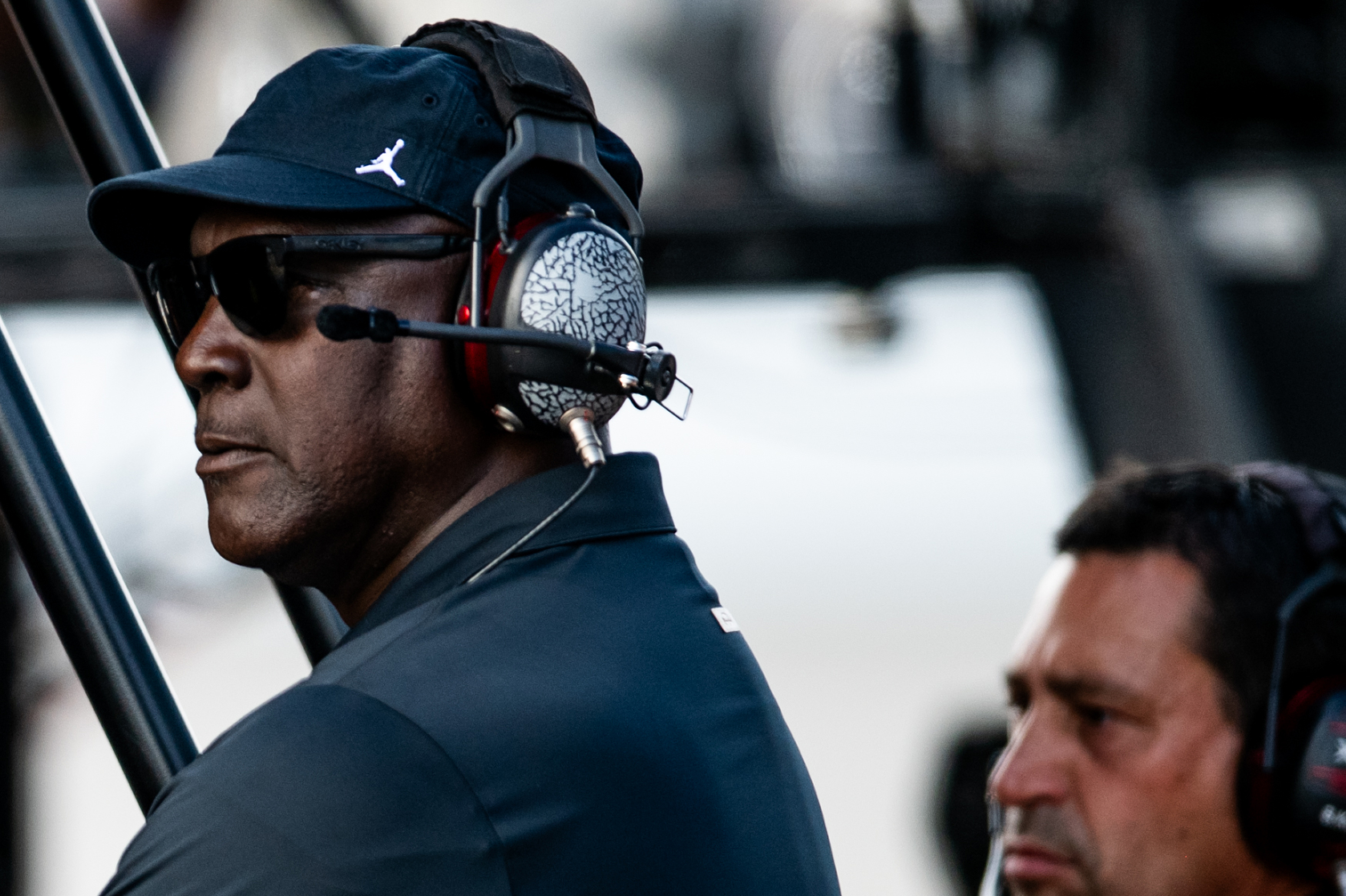 NBA legend Michael Jordan in NASCAR driver Bubba Wallace's pit for
