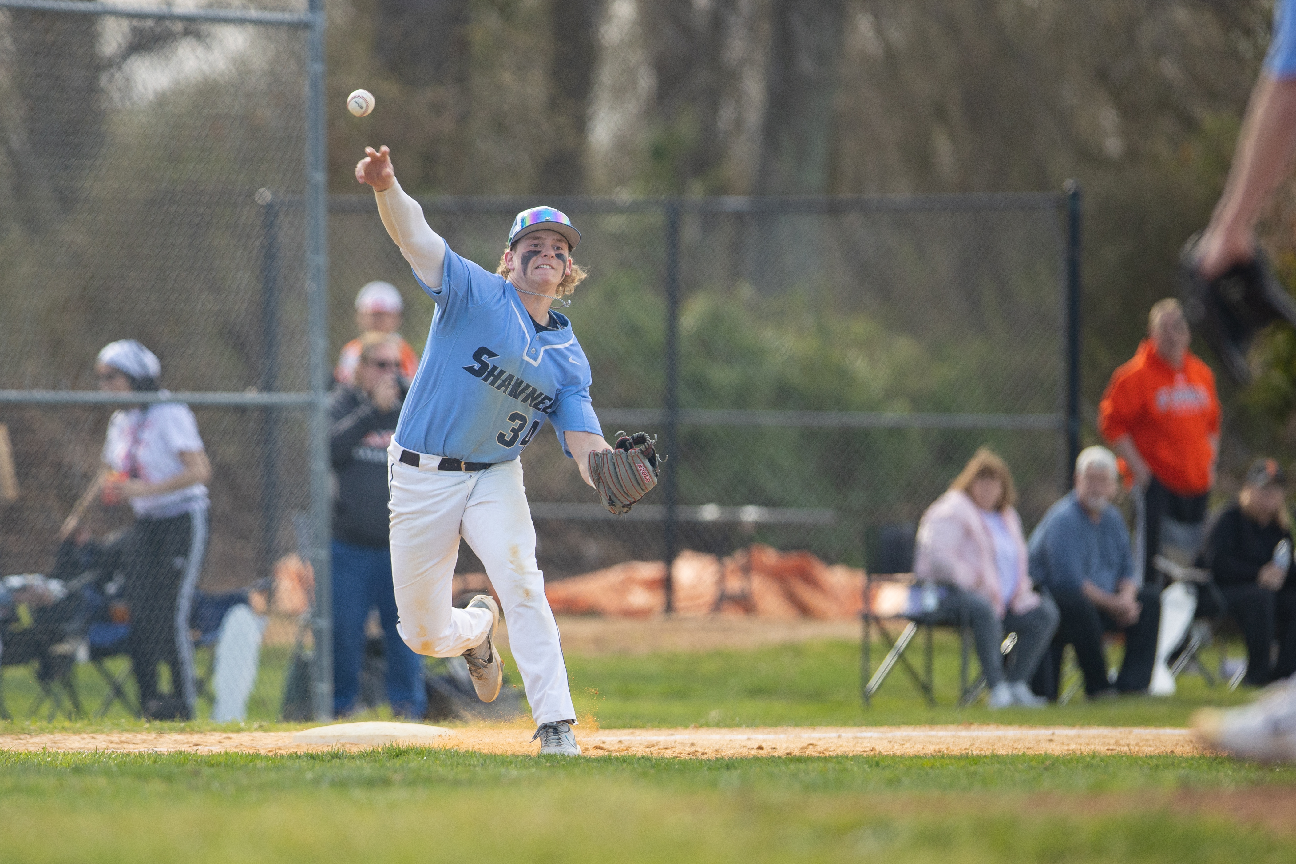 Michael Pierson (34) of Shawnee, throws to first in Marlton, NJ on Monday, April 3, 2023.