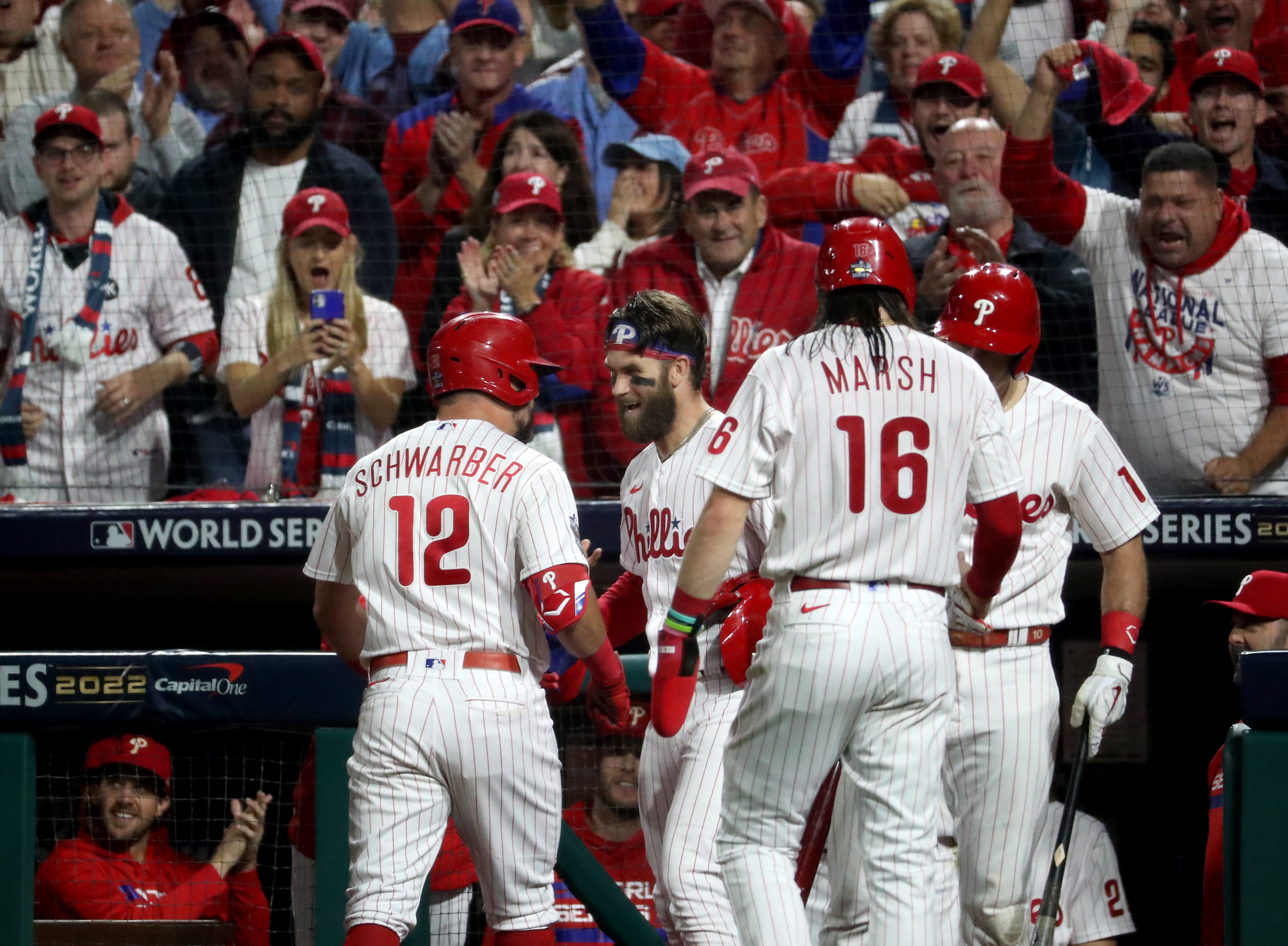 Kyle Schwarber (12) of the Philadelphia Phillies celebrates a 2-run home run in the fifth inning to give the Phillies a 6-0 lead during World Series Game 3 against the Houston Astros at Citizens Bank Park, Tuesday, Nov. 1, 2022.